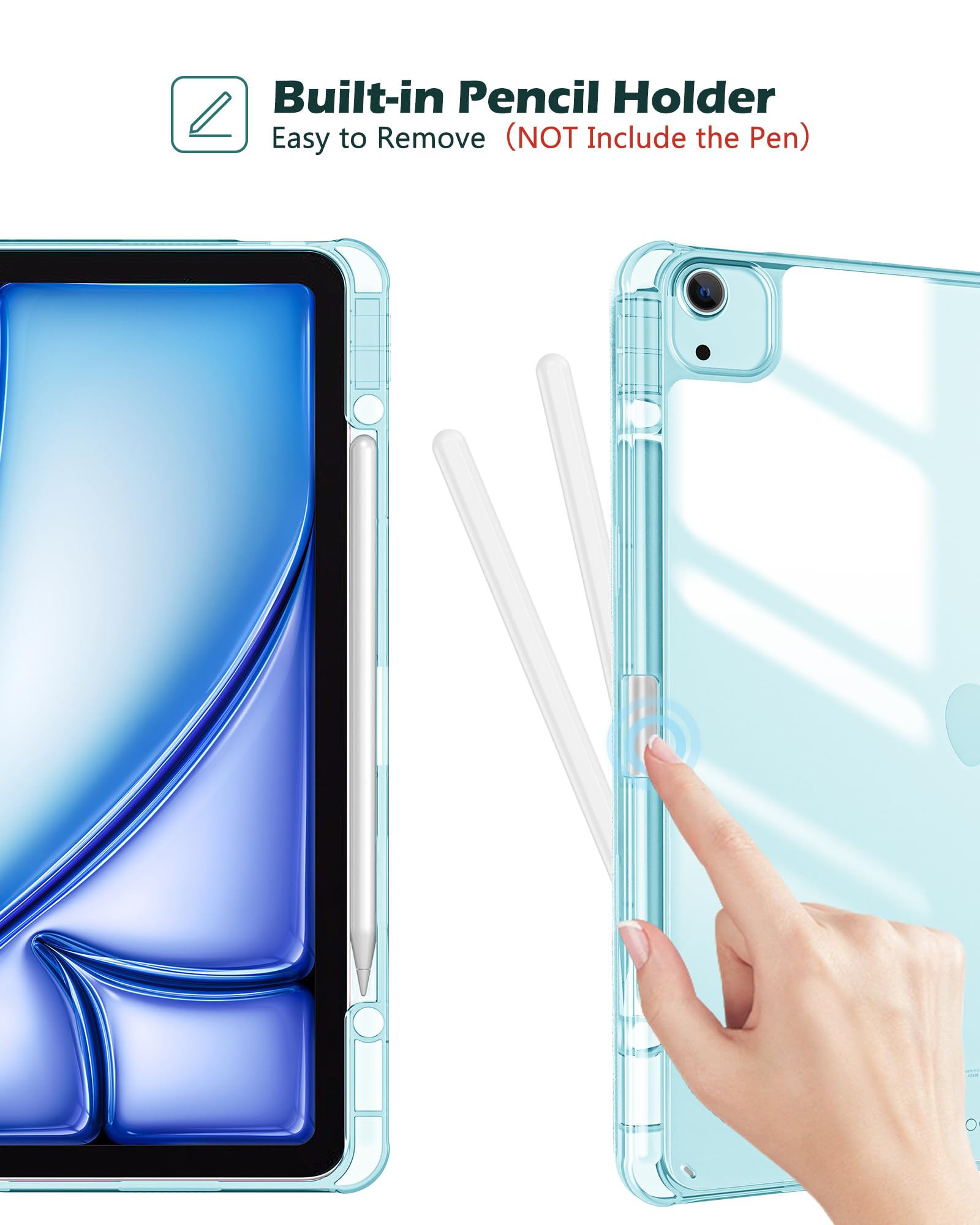 Procase For Ipad Air 13 Inch Case M3 2025/M2 2024 With Pencil Holder, Hybrid Smart Cover Ipad 13 Air M3 M2 Case With Clear Transparent Back, Supports Touch Id, Auto Wake/Sleep  Skyblue