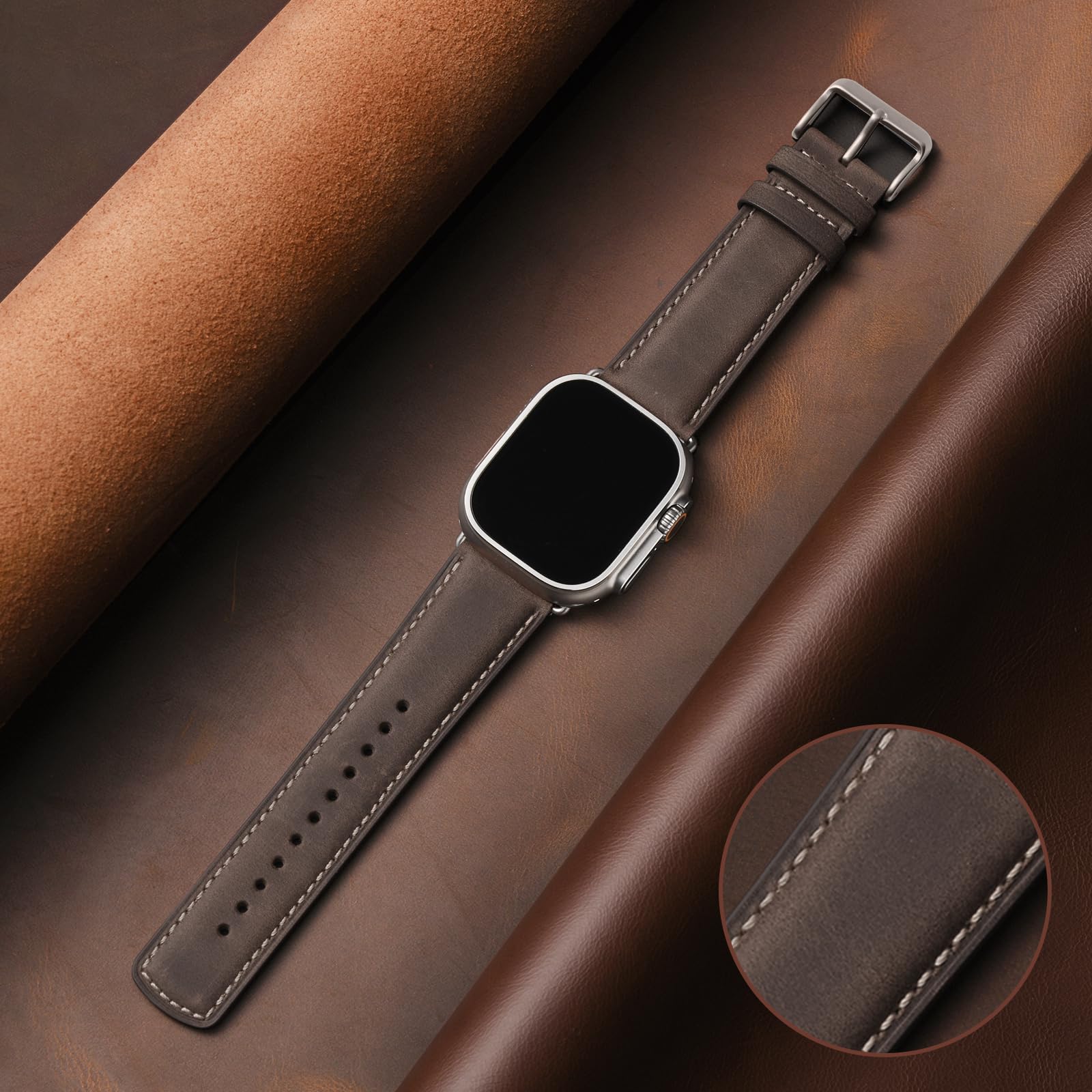 Sunfwr Leather Bands Compatible With Apple Watch Band 49Mm 45Mm 44Mm 42Mm For Men Women, Genuine Leather Replacement Strap For I