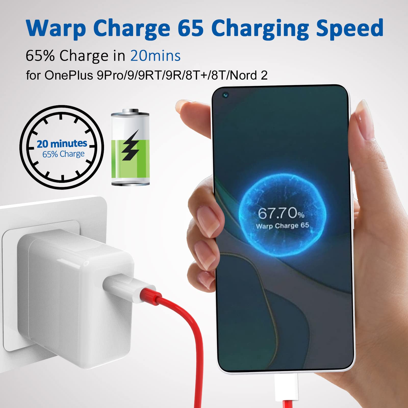 Kowokol Oneplus Warp Charger, 65W Warp Charger Block Replacement For Oneplus Nord 2 5G/9 Pro/9Rt/9/9R/8T+ 5G/8T,10V 6.5 A Warp65 Oneplus Fast Wall Charger Adapter With 3.3 Ft Usb C Warp Charger Cable