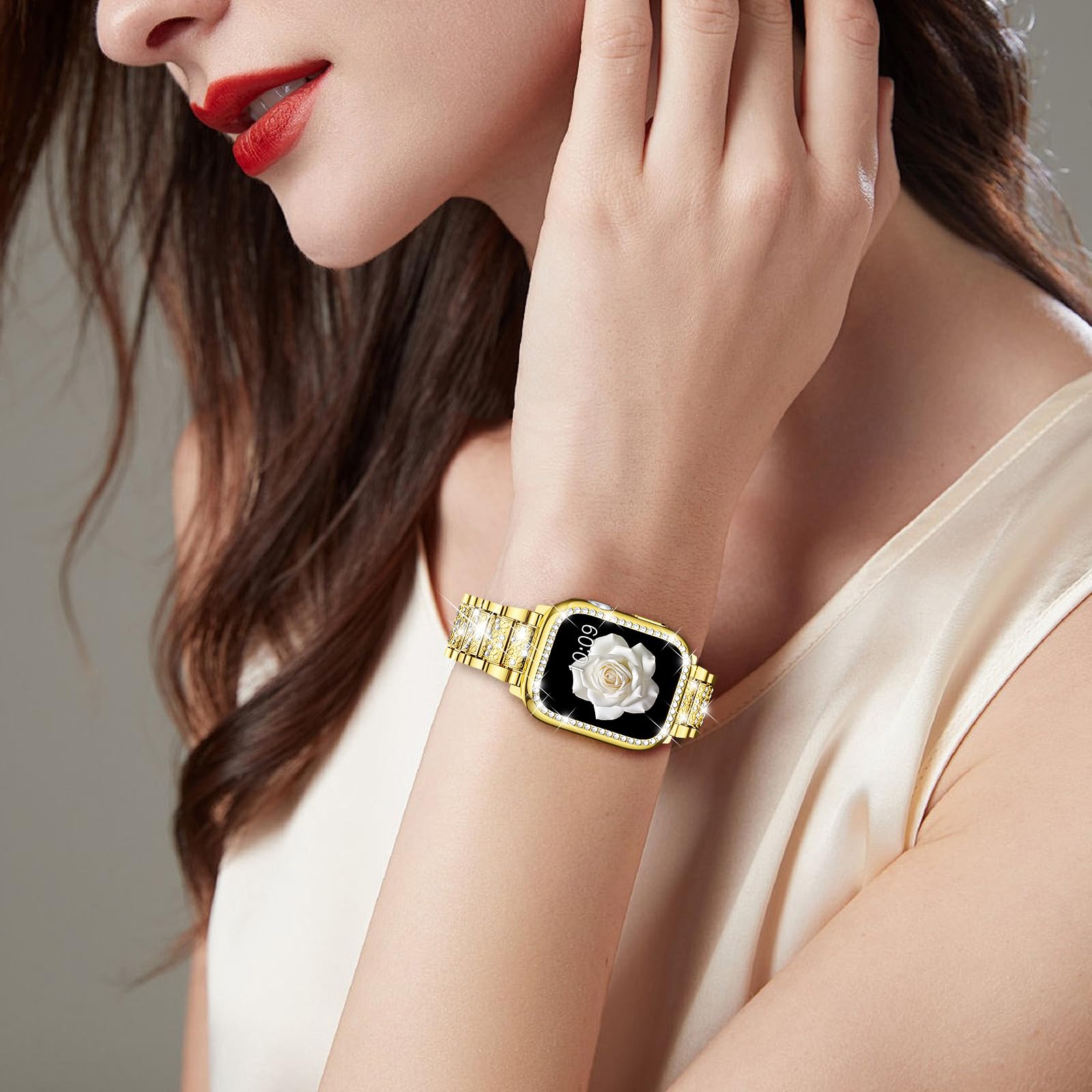 Mosonio Compatible With Apple Watch Band Series 9/8/7 45Mm With Case Women, Jewelry Replacement Metal Wristband Strap With 2 Pac