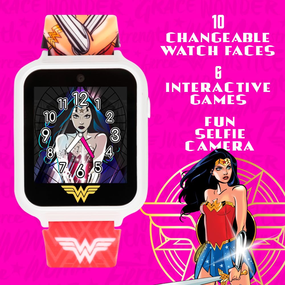 Wonder Woman Kids Smart Watch - Interactive Touchscreen With Games, Selfie Camera, Voice Recorder, Step Counter, Alarm, Stopwatc
