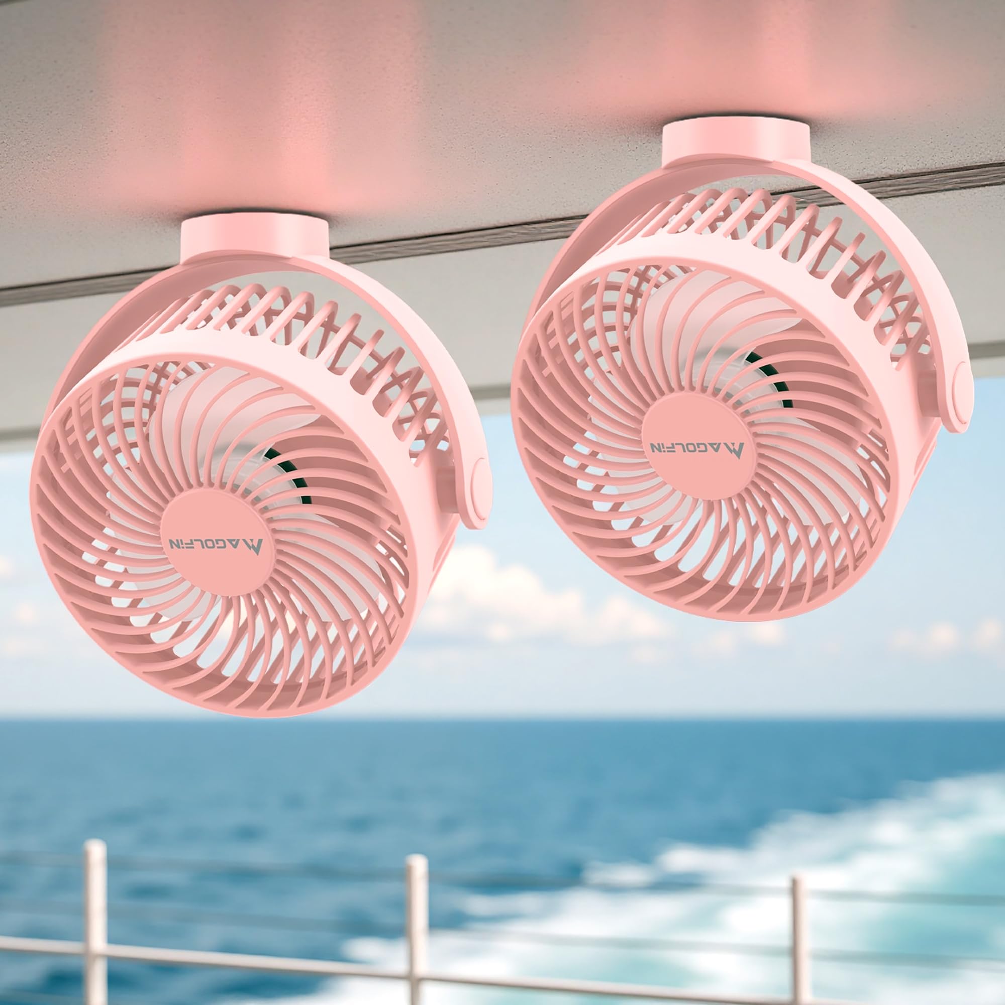 2-Pack Magnetic Cruise Ship Approved Fan, 12000mAh Battery Operated Travel Fan with 5 Speeds, LED Lantern, Timer, Magnetically S