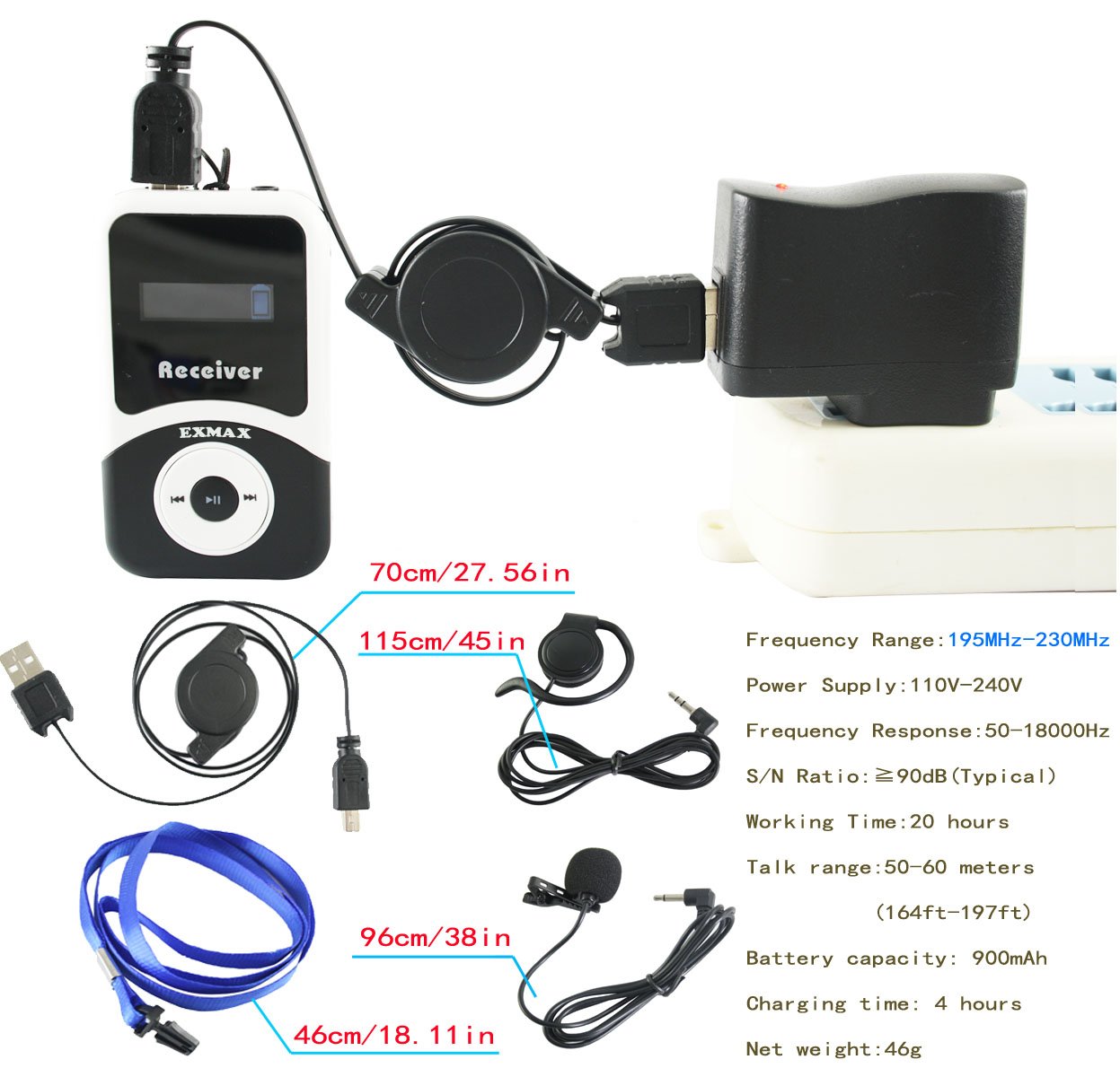 Exmax Atg 100T 195Mhz Wireless Tour Guide System Voice Audio Transmission +32 Slot Charge Case For School (1 Transmitter 6 Recei