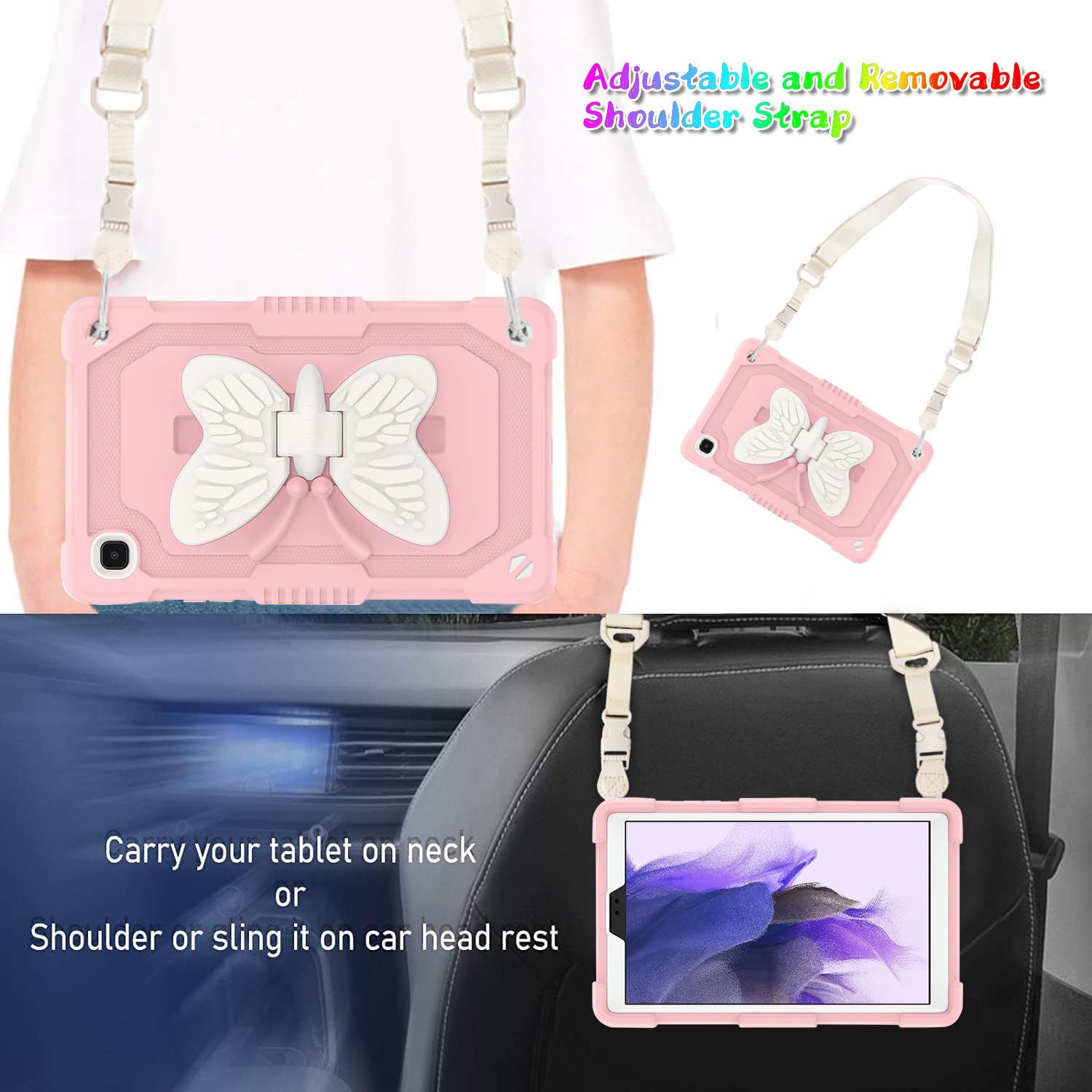 Dreamerx Case For Samsung Galaxy Tab A7 Lite 8.7 Inch 2021 Kids Girls W/Butterfly Kickstand Carrying Shoulder Strap Shockproof R