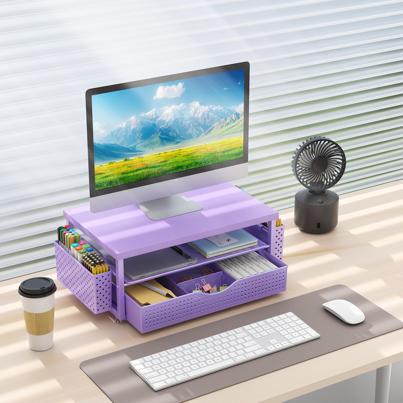 Gianotter Wood Monitor Stand Riser, Desk Organizer With Drawer And 2 Pen Holders, 2-Tier Workspace Organizer For Office Supplies