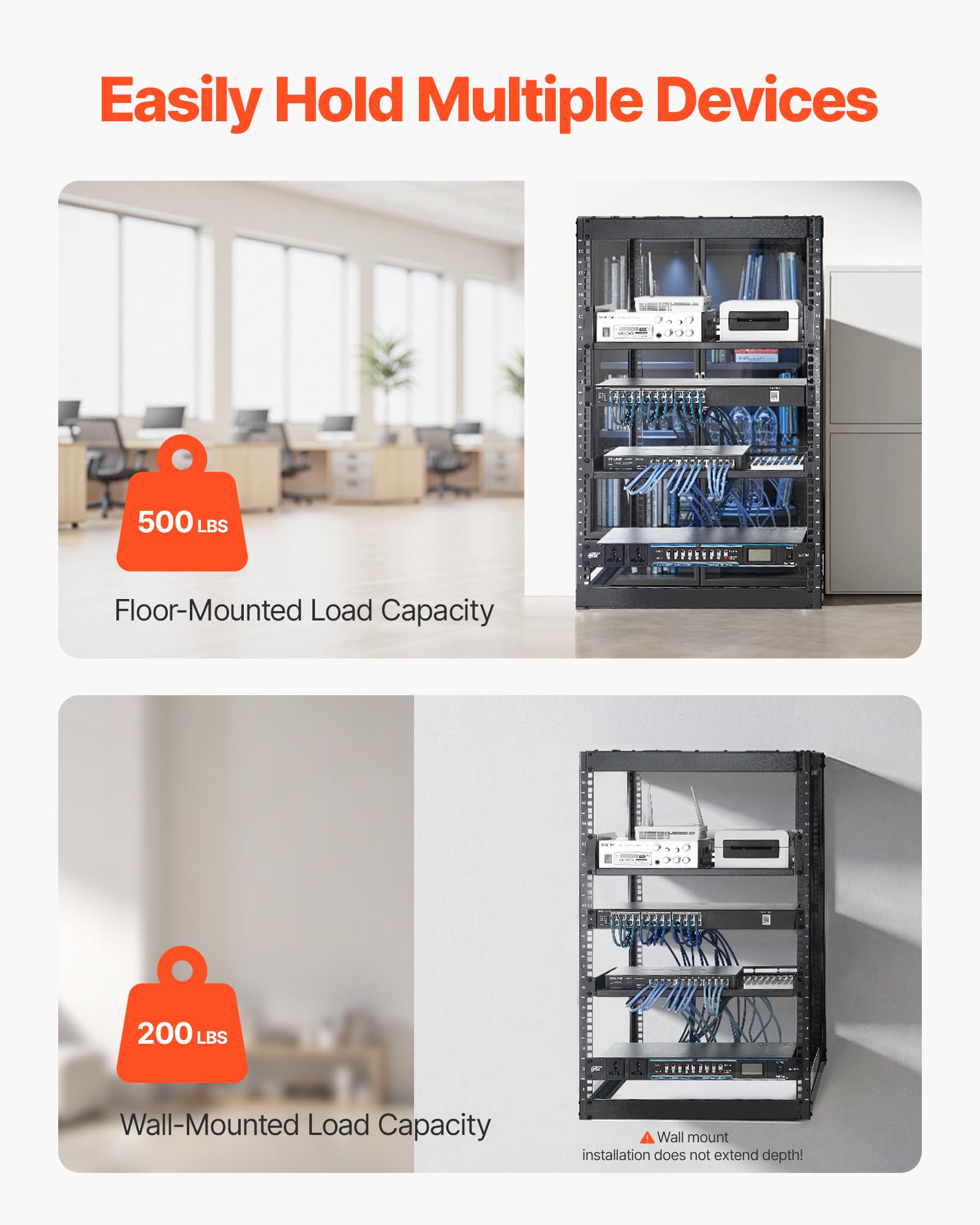 Vevor 16U Open Frame Server Rack & Network Rack, Wall Mounted Or Floor Standing, Heavy Duty 4 Post, With 2Pcs Vented 1U Shelves