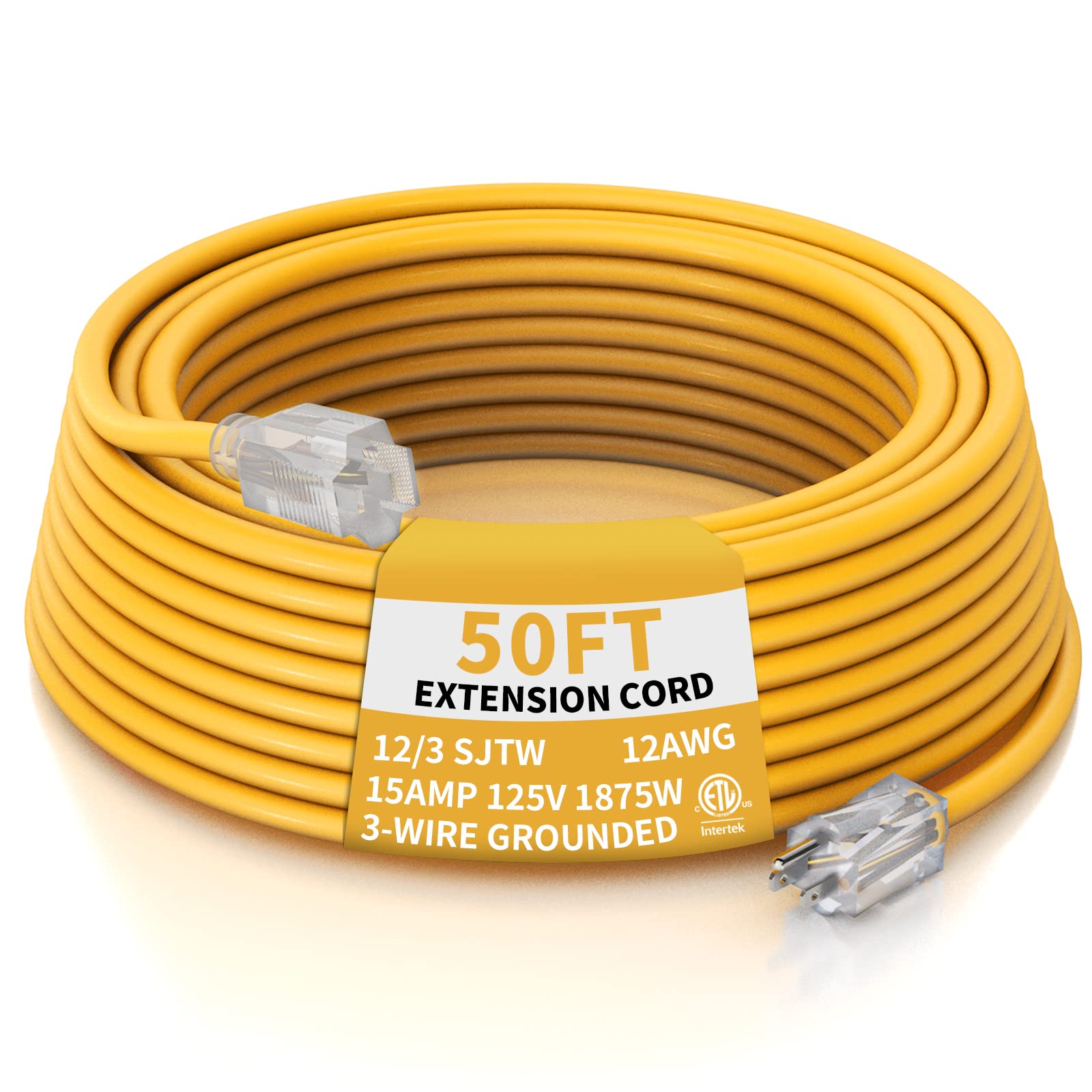 Plugtul 12 Gauge Extension Cord 50 Ft, Heavy Duty Outdoor Extension Cord Waterproof Lighted End Sjtw, 3 Prong Grounded Plug For