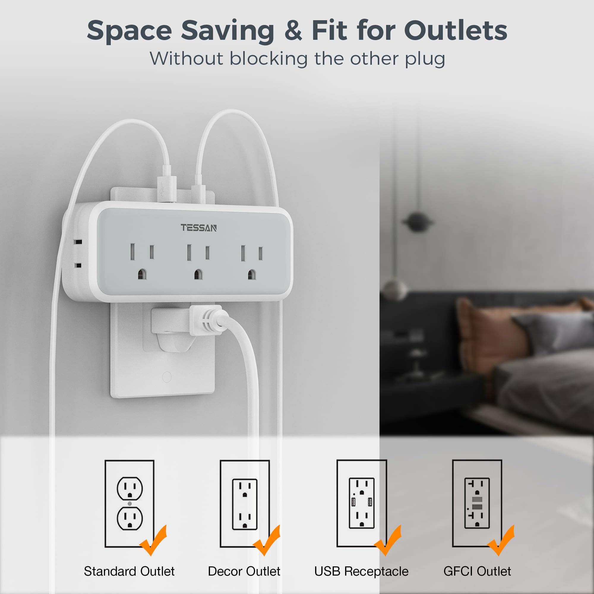 Multi Plug Outlet Extender, Usb Wall Charger, Tessan Multiple Outlet Splitter With 5 Outlets And 3 Usb (2 Usb C), Electrical Pow