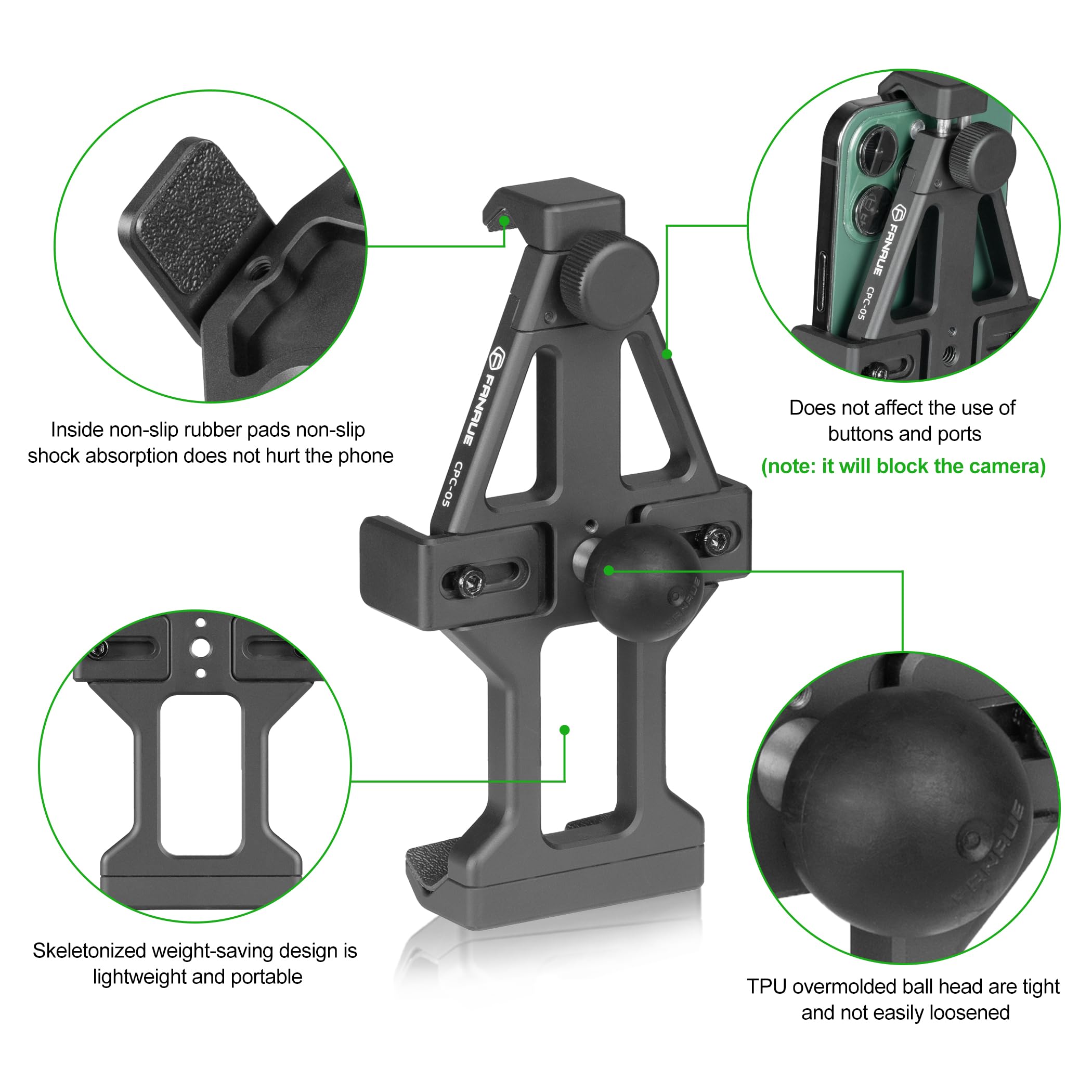 Fanaue Aluminum Motorcycle Phone Holder With 1'' Ball Head Adapter Compatible With Ram Mounts B Size Double Socket Arm & Bike Ph