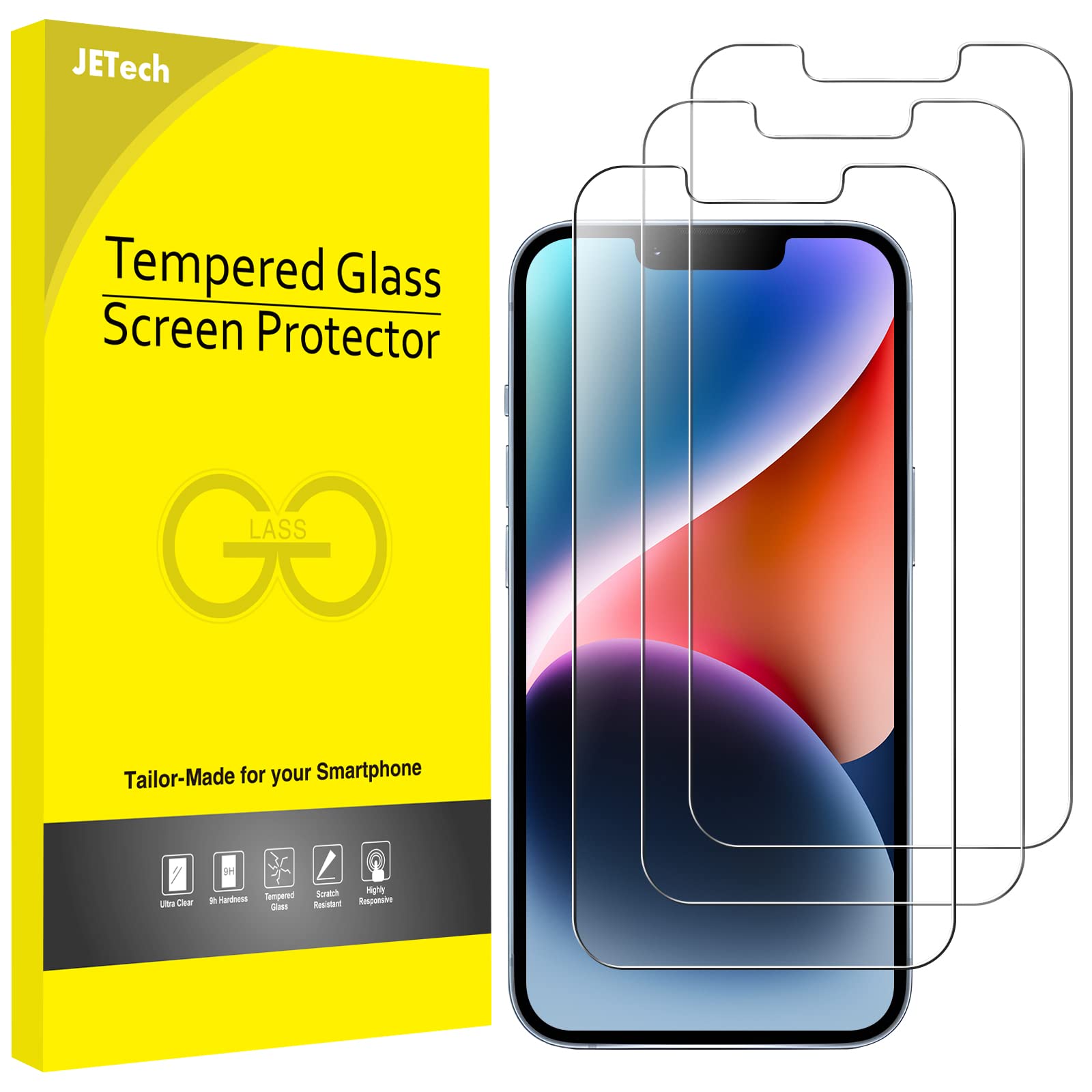 Jetech Screen Protector For Iphone 14 6.1 Inch, Tempered Glass Film, 3 Pack