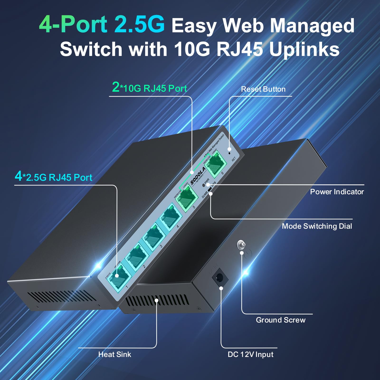 Sodola 2.5Gb Easy Web Managed Switch, 2X10Gbase T Ports And 4X2.5Gbase T Ports, Full Rj45 Managed Ethernet Switch With Link Aggr
