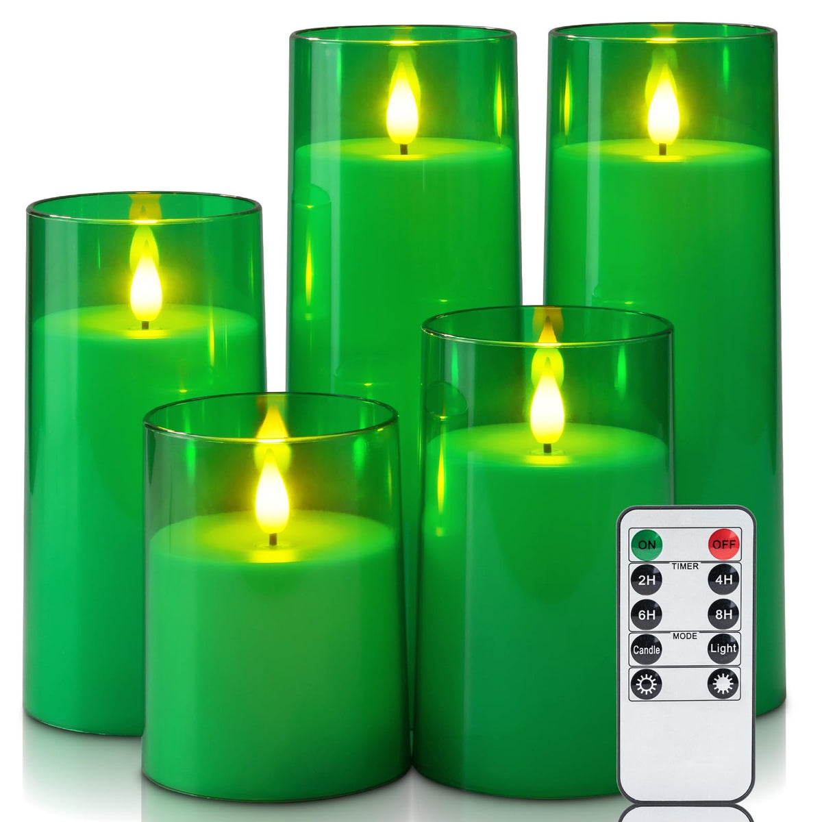 Homemory Green Flickering Flameless Candles, Battery Operated Acrylic Led Pillar Candles With Remote Control And Timer, Set Of 5