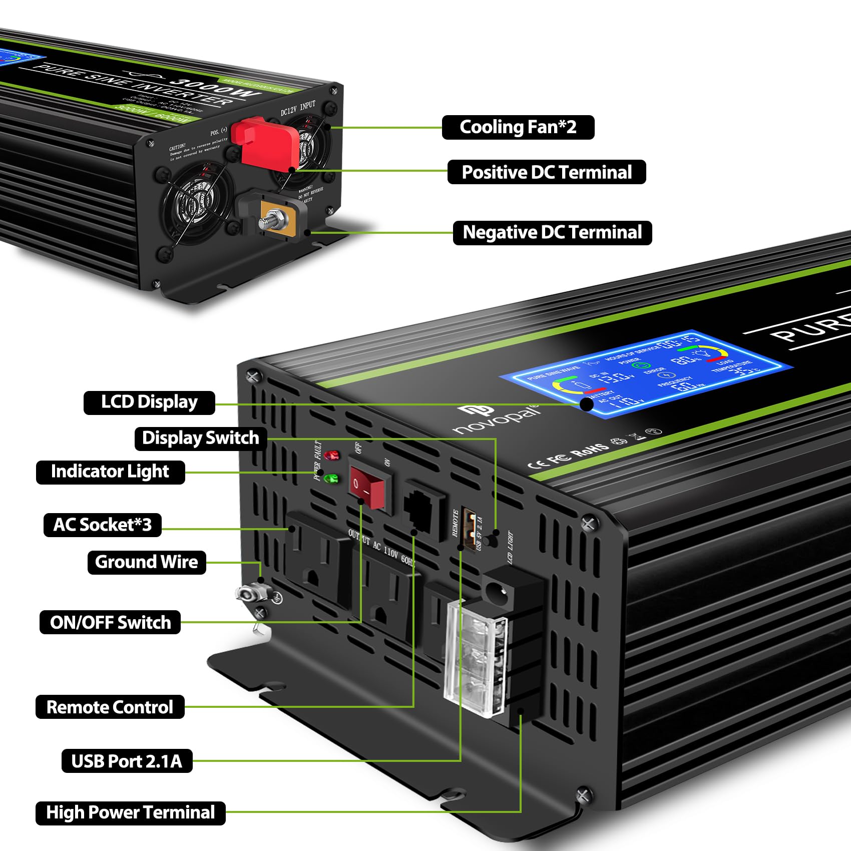 Novopal 3000 Watt Pure Sine Wave Power Inverter Dc 12V To Ac 110V 120V Rv Inverters With 3 Ac Outlets,High Power Terminal-16 Ft
