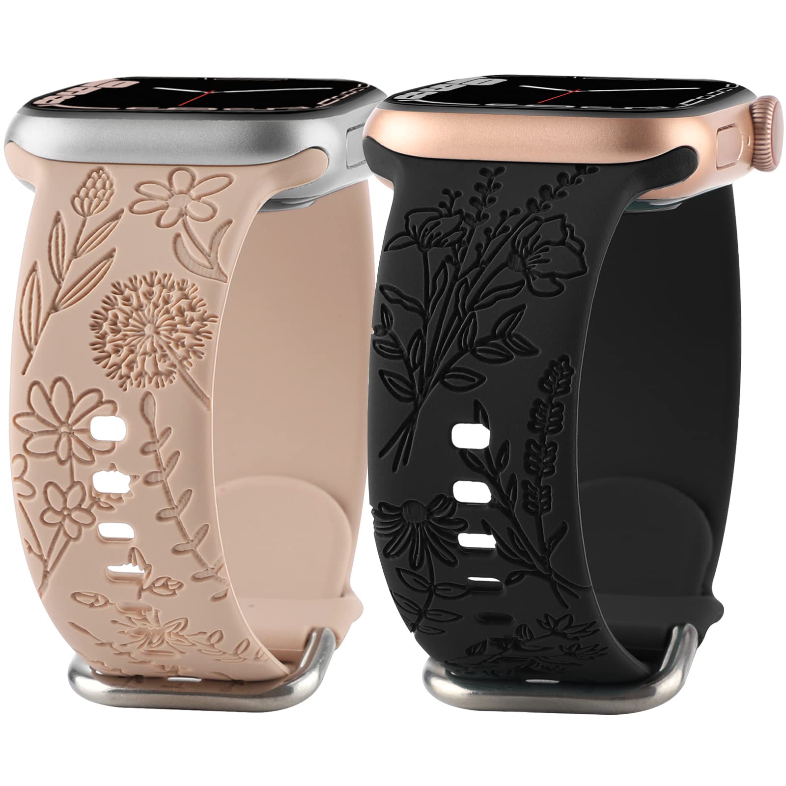 Flower Engraved Silicone Band Compatible With Apple Watch Bands 38Mm 40Mm 41Mm, Cute Women Wildflowers Floral Design Soft Sport