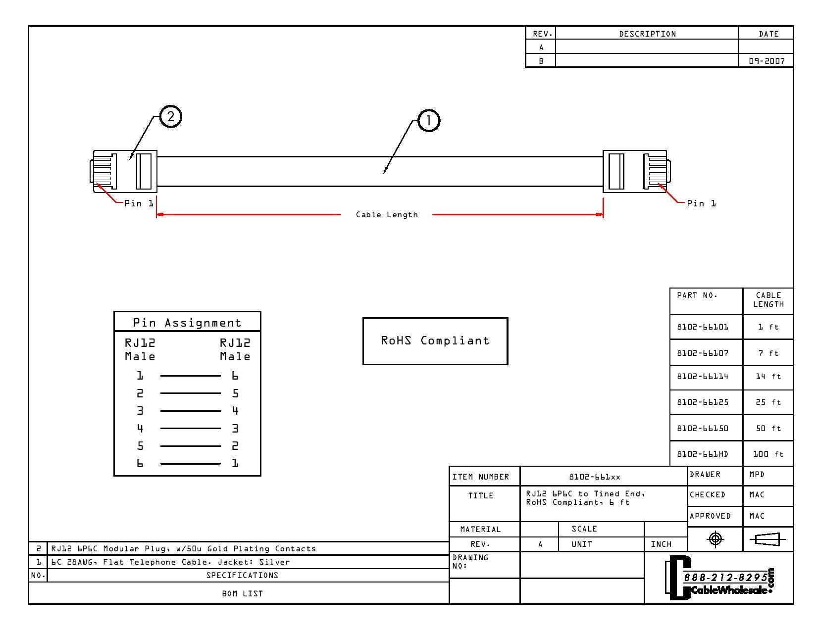 CableWholesale 14 feet Telephone Cord for Voice (VoIP), RJ12 Plug Gold Plated Connectors, 6P / 6C, Silver Satin, 28AWG, Reverse, RJ12 Phone Cable