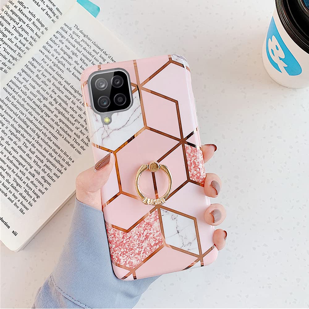 Qokey Compatible For Samsung Galaxy A12 Case,Bling Cute For Women Girls With 360 Degree Rotating Ring Kickstand Soft Tpu Shockpr