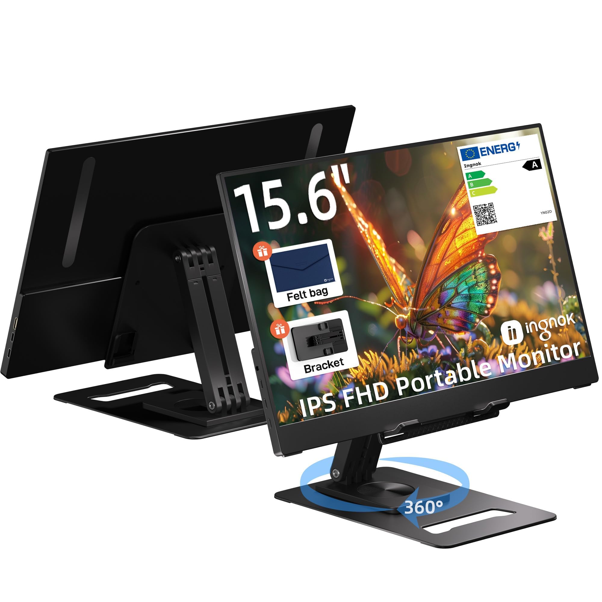 Ingnok Portable Monitor   Ultra Slim 15.6 Inch Full Hd Ips Laptop Screen Extender With Adjustable Stand For Laptop, Usb C Compat
