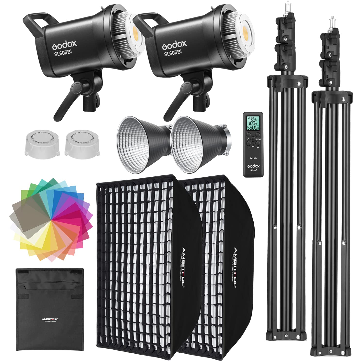 Godox Sl60Ii Bi Led Video Light Kit 2 Pack 2800K 6500K Bi Color Continuous Light, Square Grid Softbox,Light Stand, Remote Contro