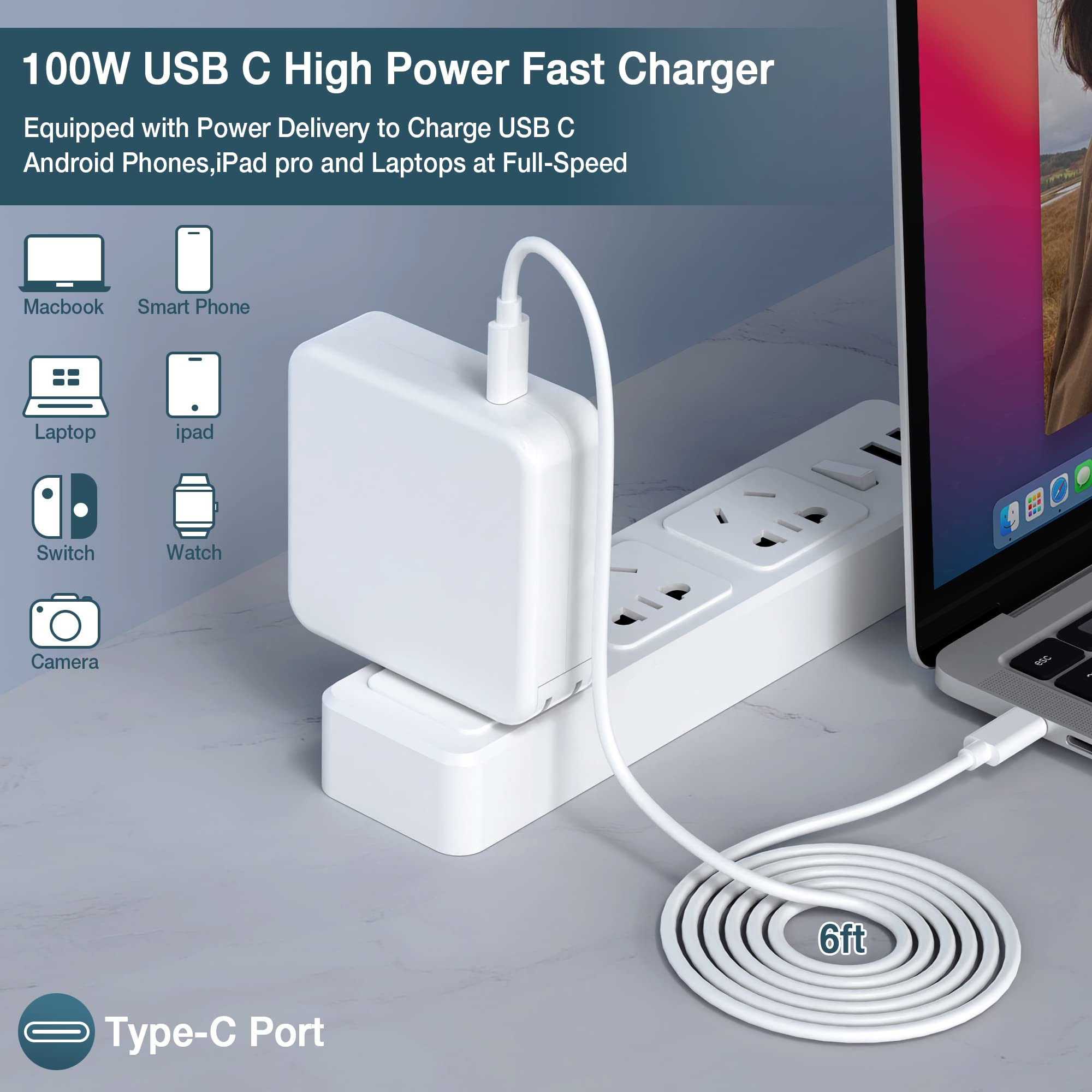 Mac Book Pro Charger   100W Usb C Charger Compatible With Type C Macbook Pro 16, 15, 14, 13 Inch, Macbook Air 13 Inch,Ipad Pro 2