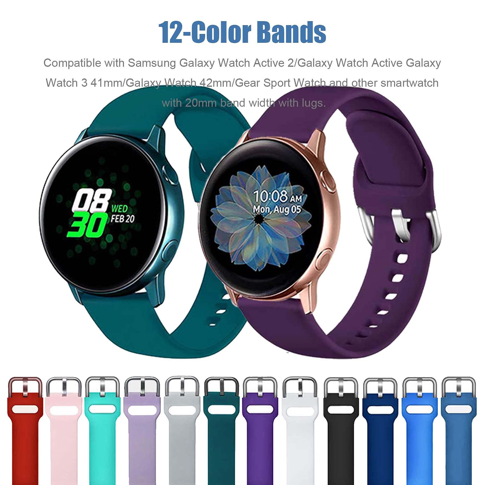 Enoyoo 12 Color Bands Compatible With Samsung Galaxy Watch 4 Galaxy Watch Active 2 40Mm 44Mm Galaxy Watch 4 Classic Galaxy Watch 5 Watch 5 Pro Watch 3 41Mm, 20Mm Soft Silicone Sport Strap For
