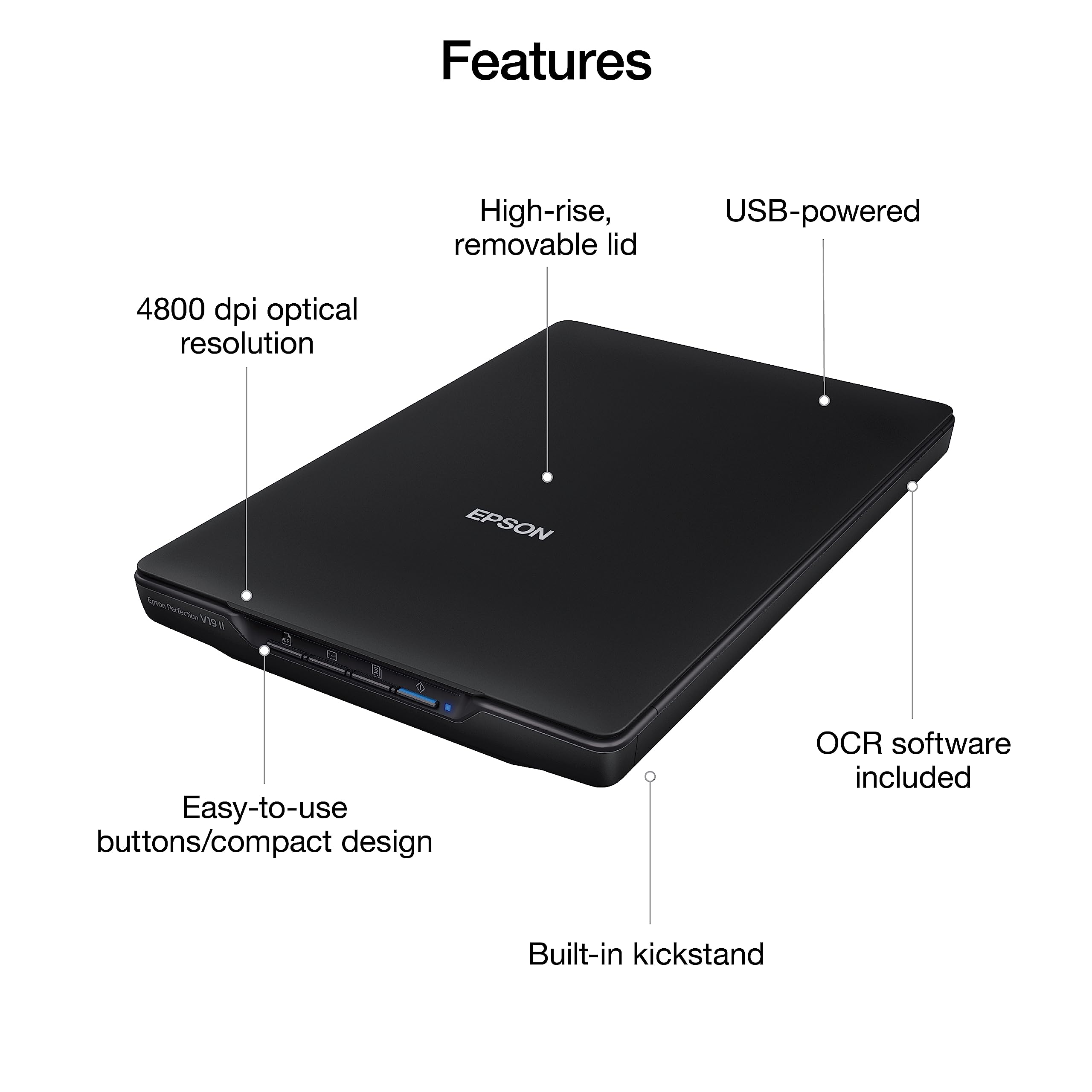 Epson Perfection V19 Ii Color Photo And Document Flatbed Scanner With 4800 Dpi Optical Resolution, Usb Power And High Rise, Remo