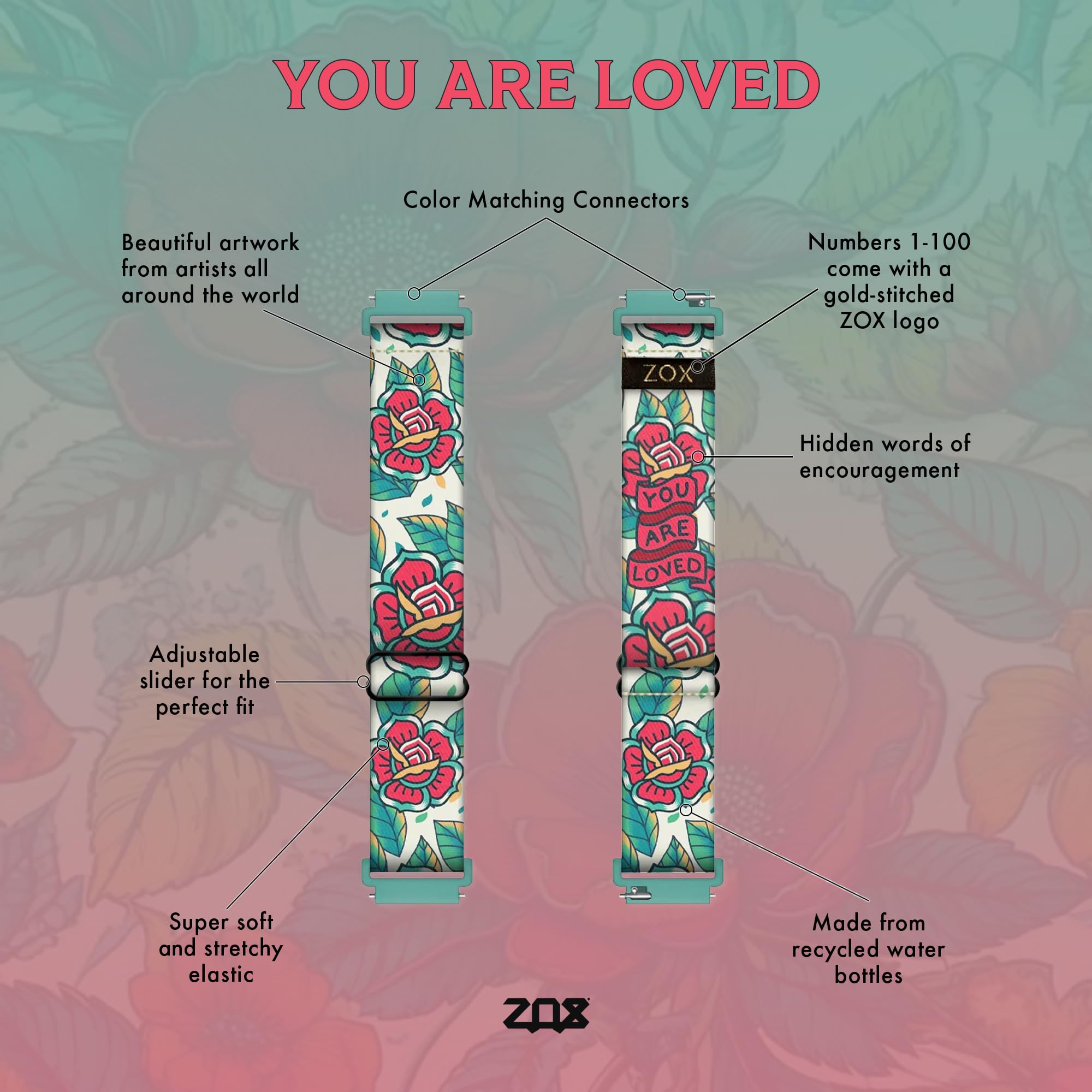 Zox Android Smart Watch Band - You Are Loved | Soft, Adjustable Elastic Band With Motivational Affirmations And Beautiful Artwor