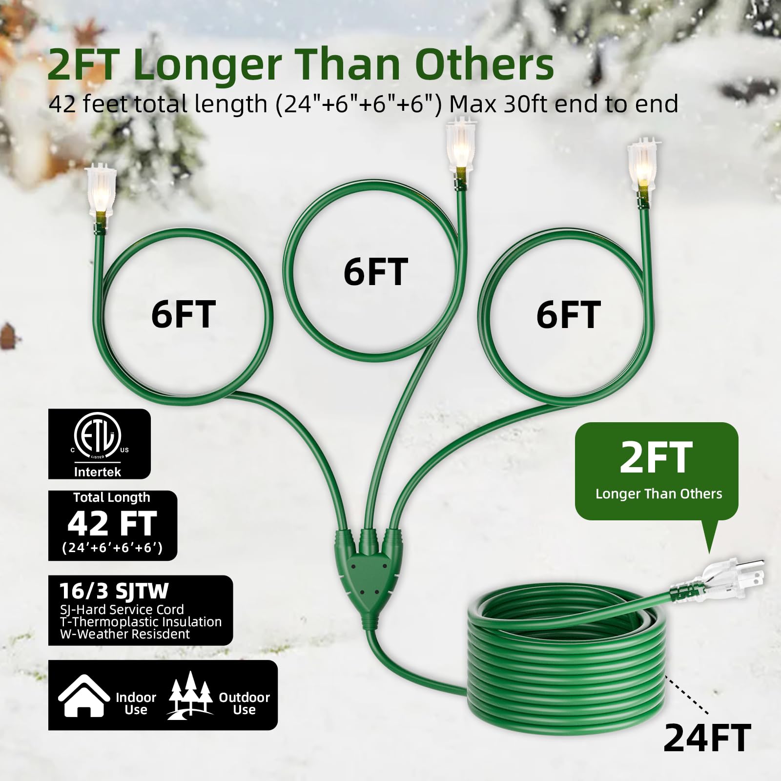 Islewire 42Ft Outdoor Extension Cord With Multiple Outlets, 1 To 3 Cord Splitter, Extension Cord Outdoor 30 Ft End To End (42 Ft