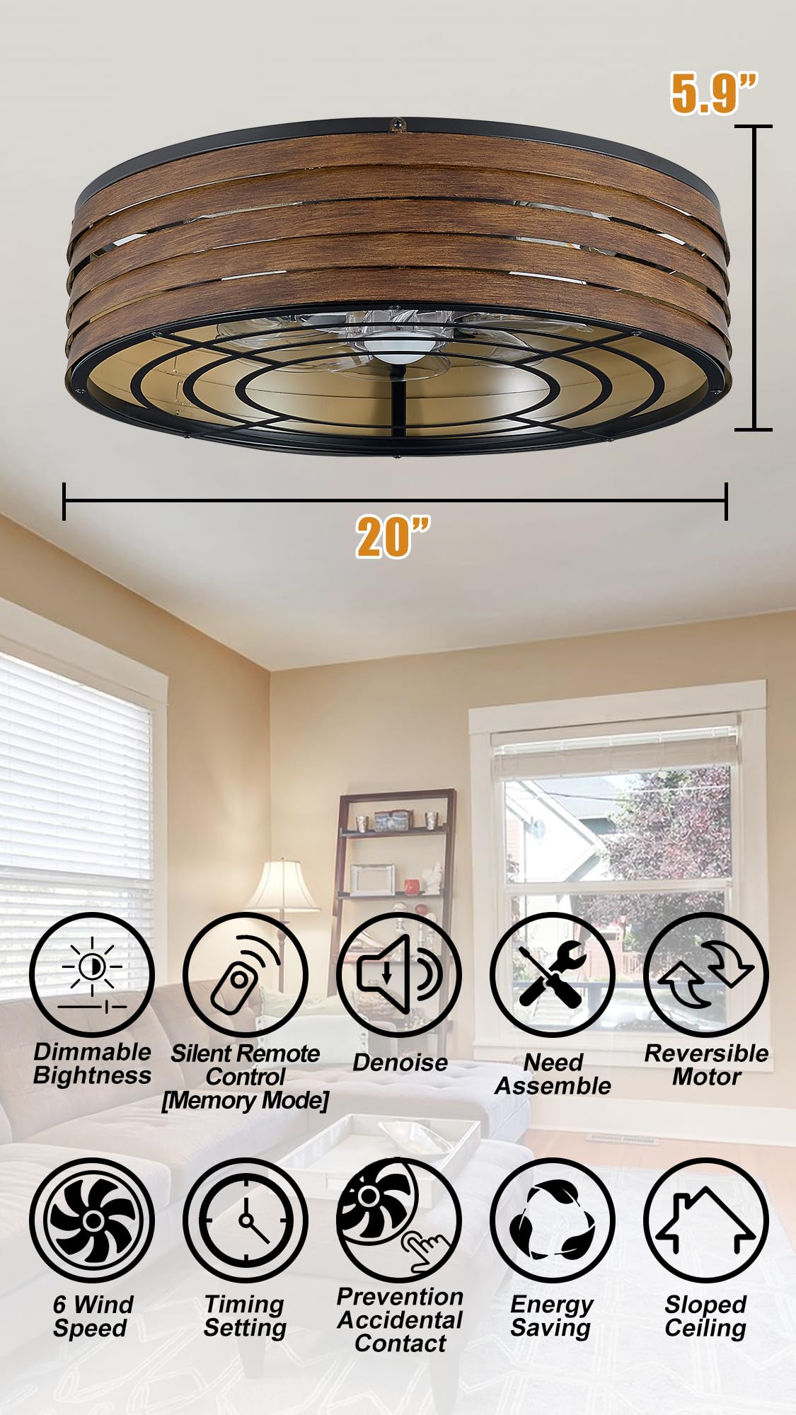 20 Flush-Mount Smart Ceiling Fan With Dimmable-Light And Memory Remote App/Alexa Control, Reversible-Motor, Perfect For Bedroo