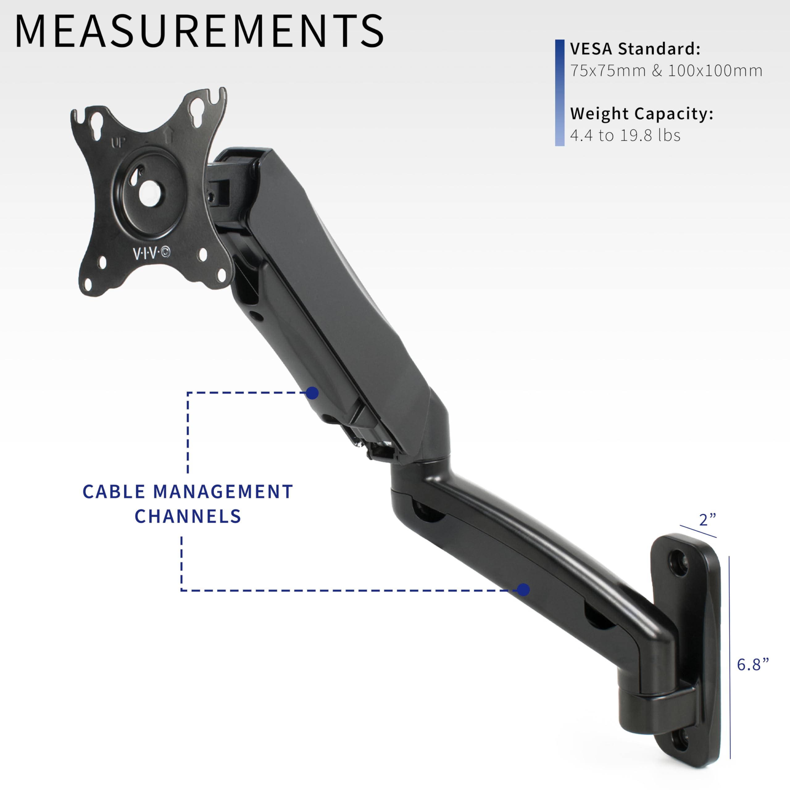 Vivo Height Adjustable Pneumatic Extended Arm Single Monitor Wall Mount, Full Motion Articulating, Fits 17 To 27 Inch Screen, Bl