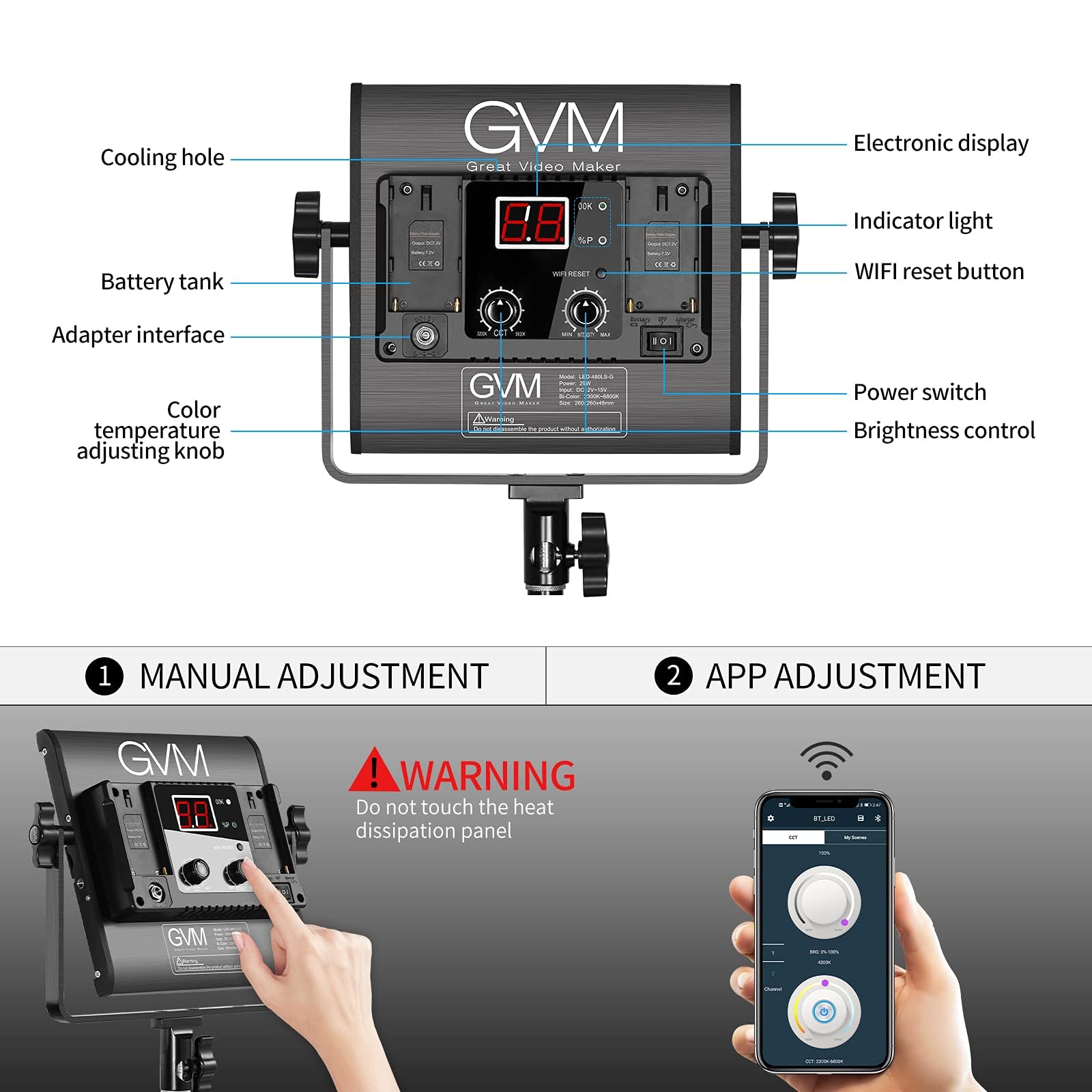 Gvm 2 Pack Led Video Lighting Kits With App Control, Bi Color Variable 2300K~6800K With Digital Display Brightness Of 10~100% Fo