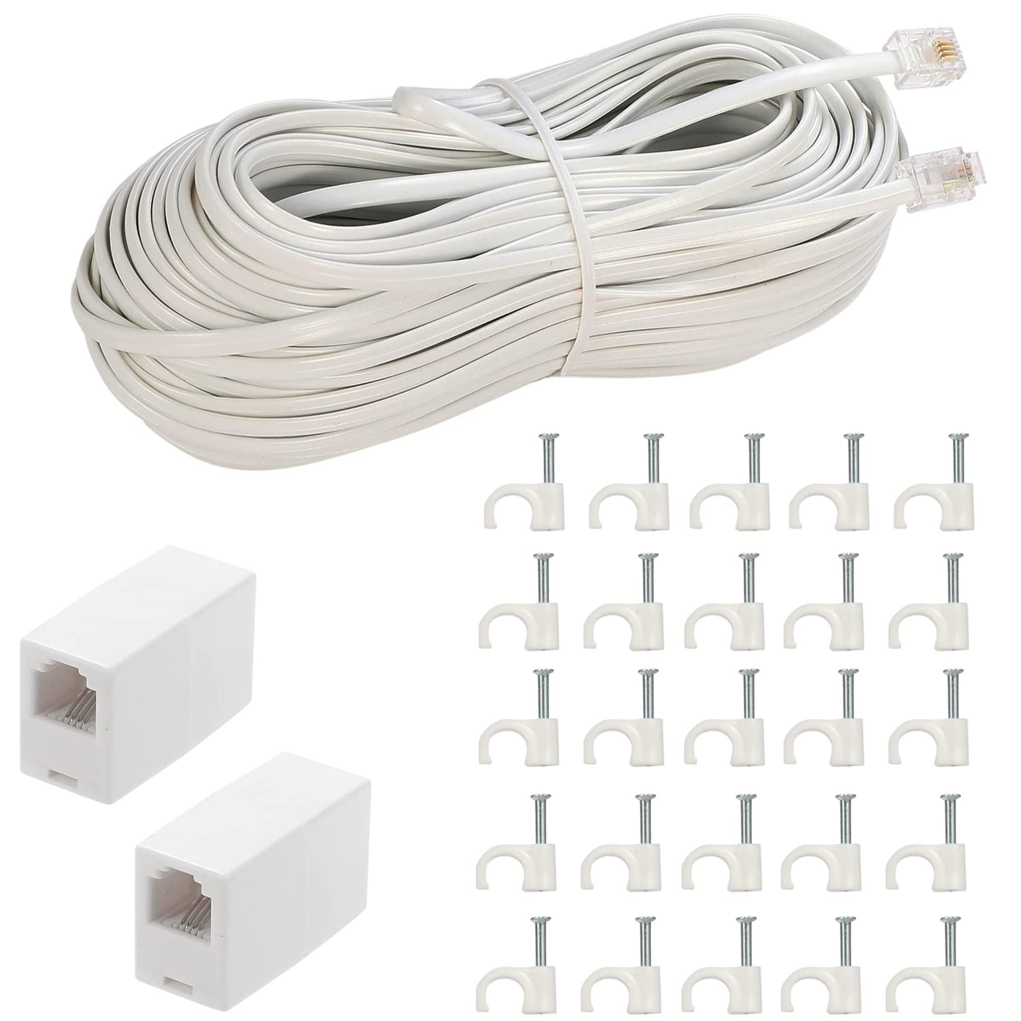 Lansensu Phone Extension Cord 66 Ft, Phone Cord Telephone Cable With Standard Rj11Plug And 2 In Line Couplers And 25Cable Clip H