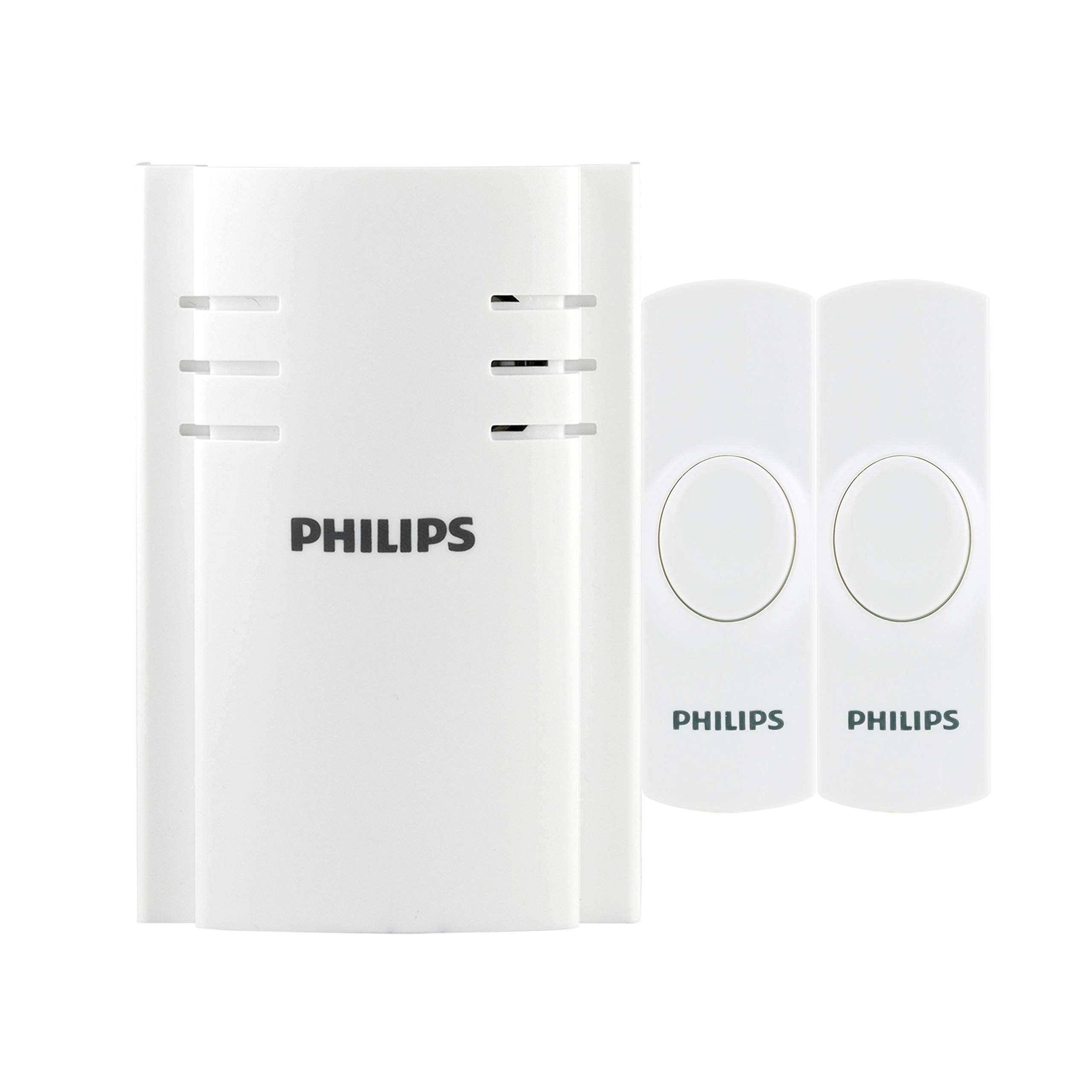 Philips Wireless Doorbell Kit, Plug In Reciever, 2 Push Buttons, 8 Melodies, 4 Volume Levels, 150 Ft Range, White, Des2280W/27