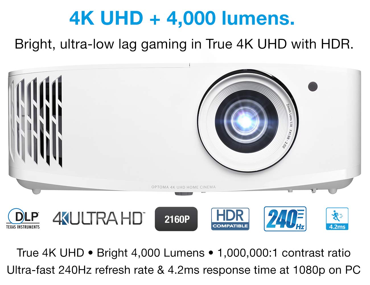 Optoma Uhd38 Bright, True 4K Uhd Gaming Projector | 4000 Lumens | 4.2Ms Response Time At 1080P With Enhanced Gaming Mode | Lowest Input Lag On 4K Projector | 240Hz Refresh Rate | Hdr10 & Hlg
