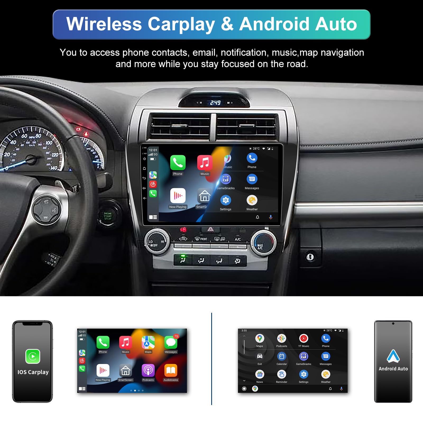 5G Wifi (4G+32G) Android 13 Car Stereo Radio For Toyota Camry 2012 2013 2014, 10.2 Inches Ips Hd Touch Screen Car Radio Wireless
