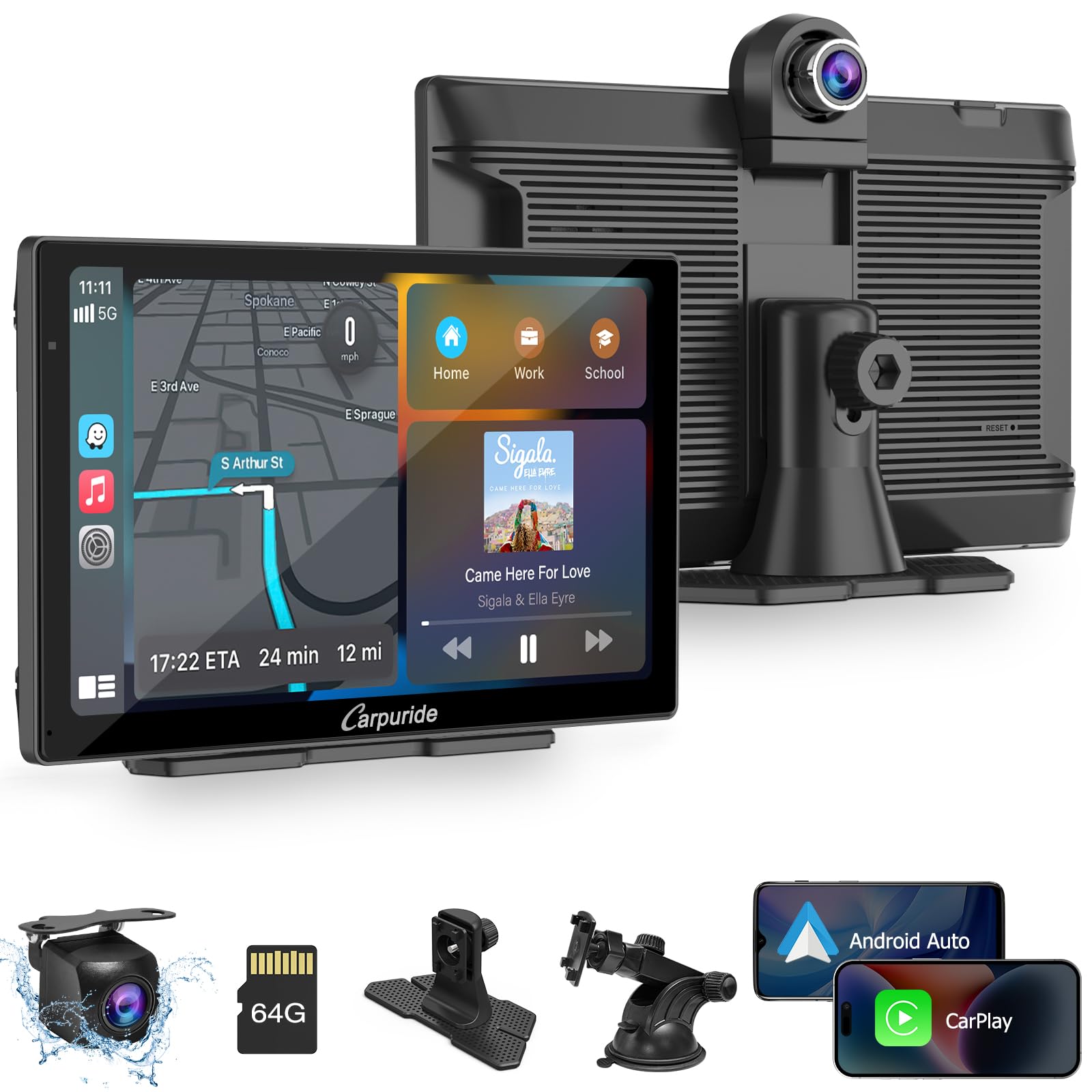 Carpuride W905 Portable Carplay & Android Auto, 9'' Touch Carplay Screen For Car, 4K Dash Cam,1080P Backup Camera, Car Play Navigation With Mirror Link/Siri/Fm/Bluetooth/Light Sensor