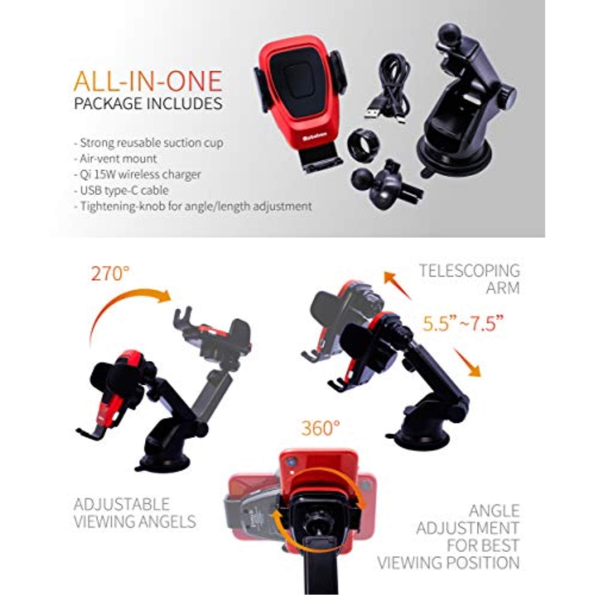 Mobotron Wireless Car Charger Smartphone Mount (Red), Qi 15W Fast Charging