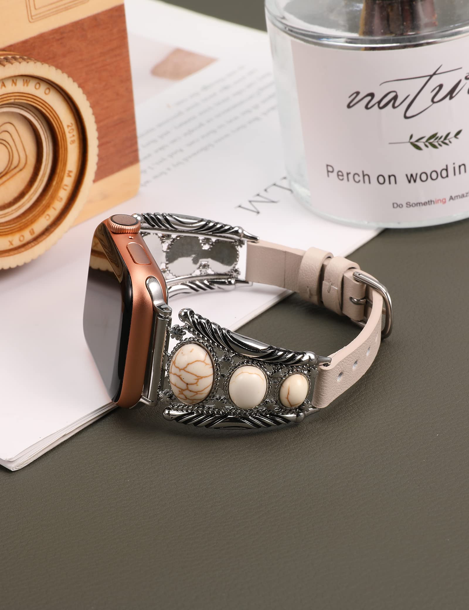 Minyee Leather Band Compatible With Apple Watch Band Women 38/40/41/42/44/45/49Mm, Boho Turquoise Designer Western Vintage Ethni