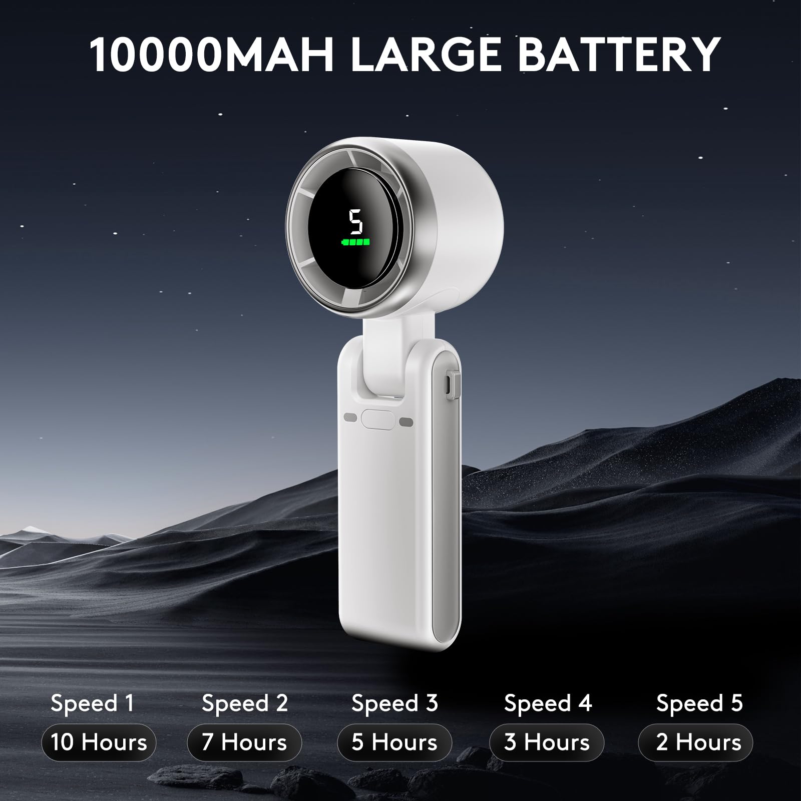 Pymoji Foldable Handheld Fan, Portable Strong Winds Rechargeable 10000Mah Mini Turbo Fan, Digital Display, 5 Speed Adjustable Pe