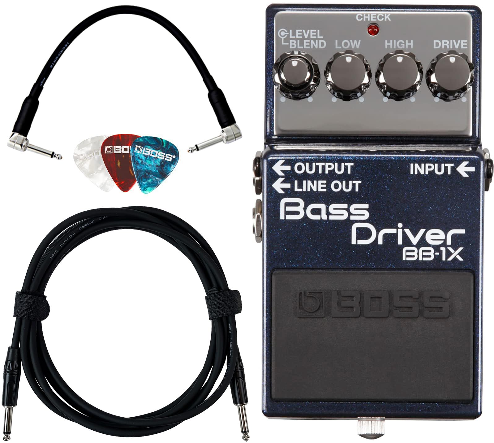 Boss Bb 1X Bass Driver Bundle With Instrument Cable, Patch Cable, And Picks
