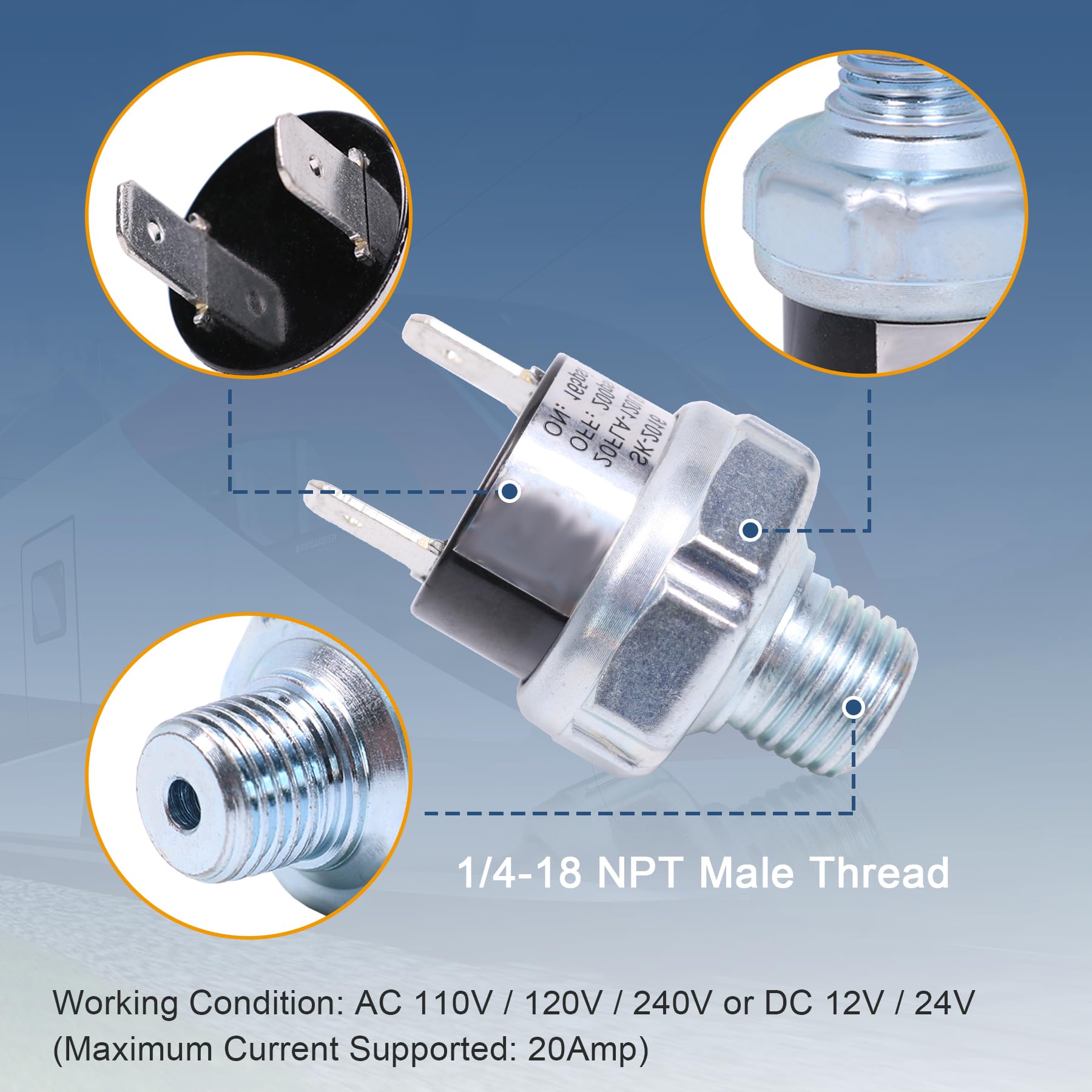 2Pcs 165 200Psi Air Pressure Switch Tank Mount Thread 1/4'' Npt 12V/24V Dc 165 200 Psi Air Train Horn Compressor Tank Pressure C