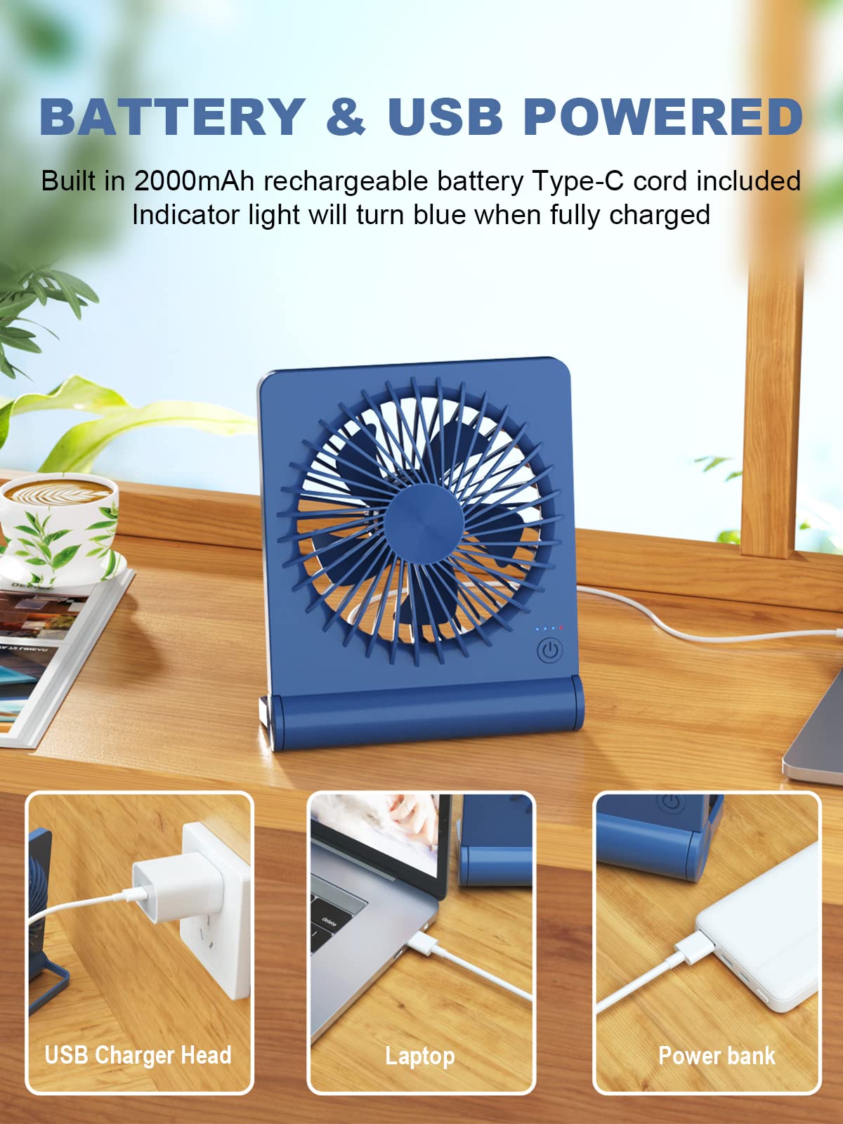 Tevelecin Small Desk Fan, 2000Mah Rechargeable Usb Fan Battery Operated,Ultra Quiet, Strong Wind, 3 Speeds Travel Fan