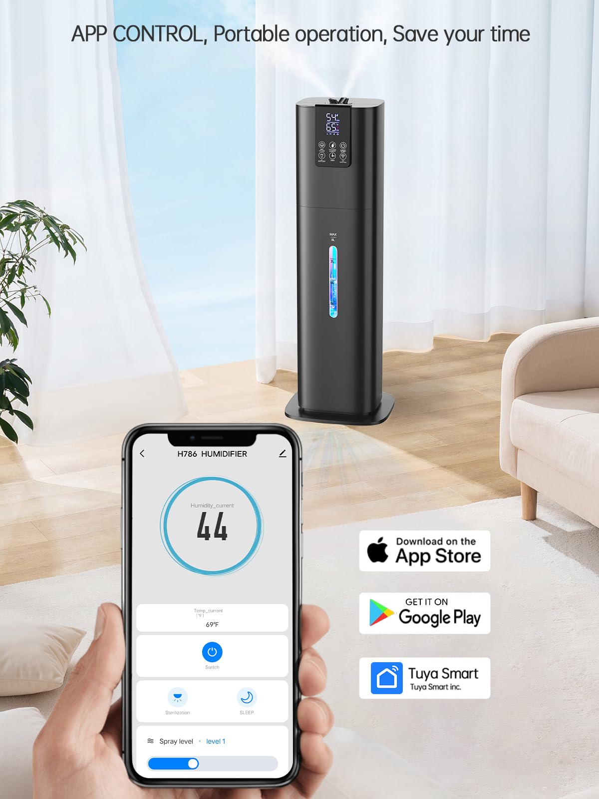 8L Smart Humidifiers For Bedroom Large Room, 2.1Gal Cool Mist Top Fill Diffuser Ambient Light, Wifi App & Remote Control, 3 Mist