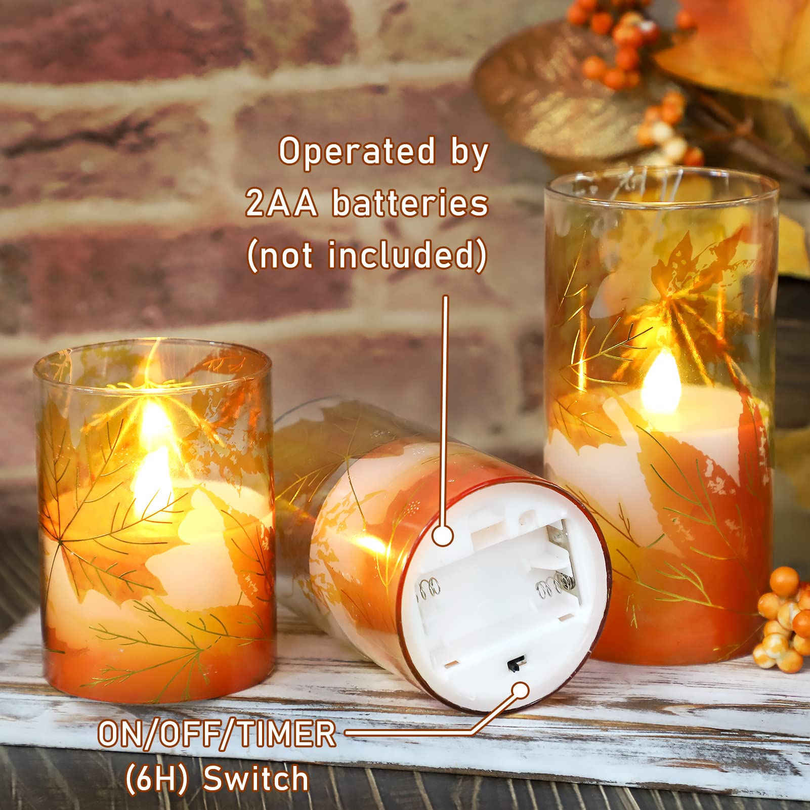 Flavcharm Fall Decor Flameless Candles, Battery Operated With Remote, Maple Leave Glass Led Flickering Candles Realistic Pillar