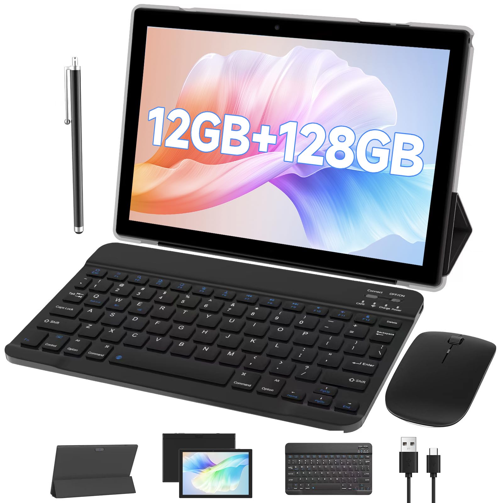 Android Tablet with Keyboard protect Case Mouse Stylus 10 Inch Tablet 2 in 1 Tablets Set 12GB+128GB/1TB Expandable Dual camera T