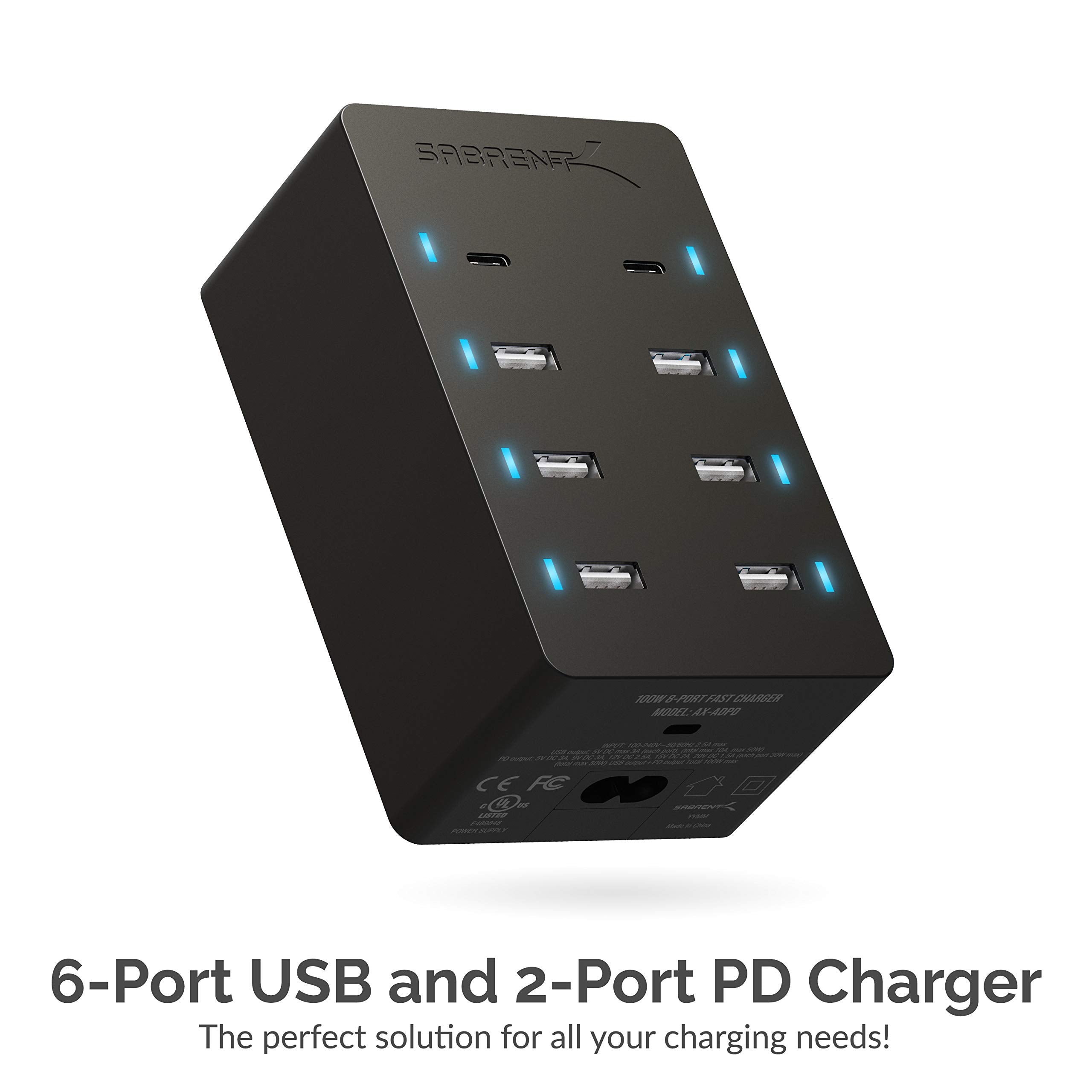 Sabrent 100 Watt 8 Port Family Sized Usb Rapid Charger [Ul Certified ] Includes 2 Pd (Power Delivery) Ports (Ax Adpd)