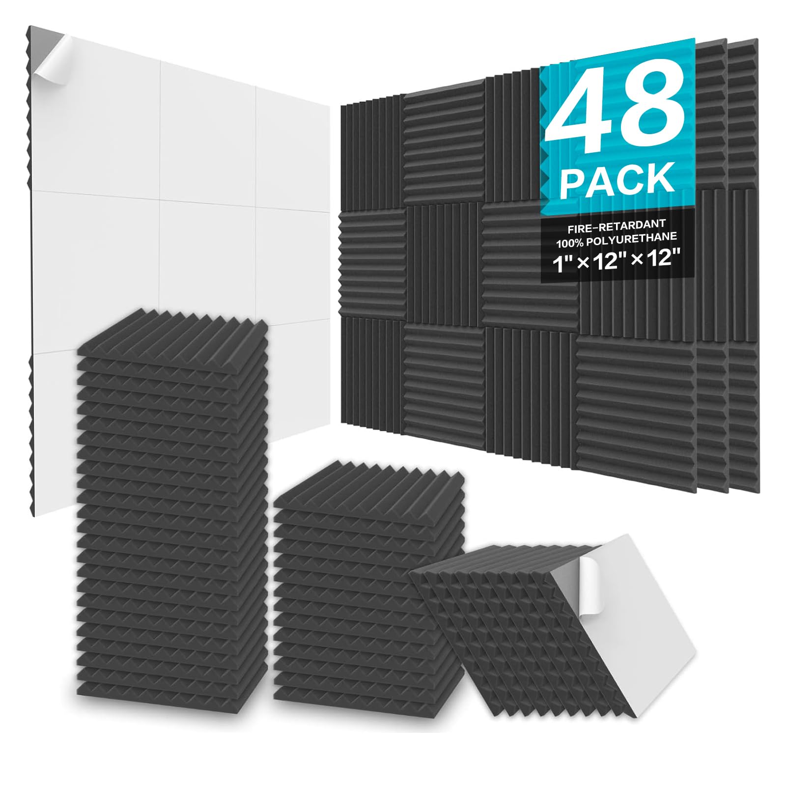 Jber 48 Pack Acoustic Foam Panels, 1'' X 12'' X 12'' Upgraded Self Adhesive Studio Soundproofing Wedges Fire Resistant Sound Pro