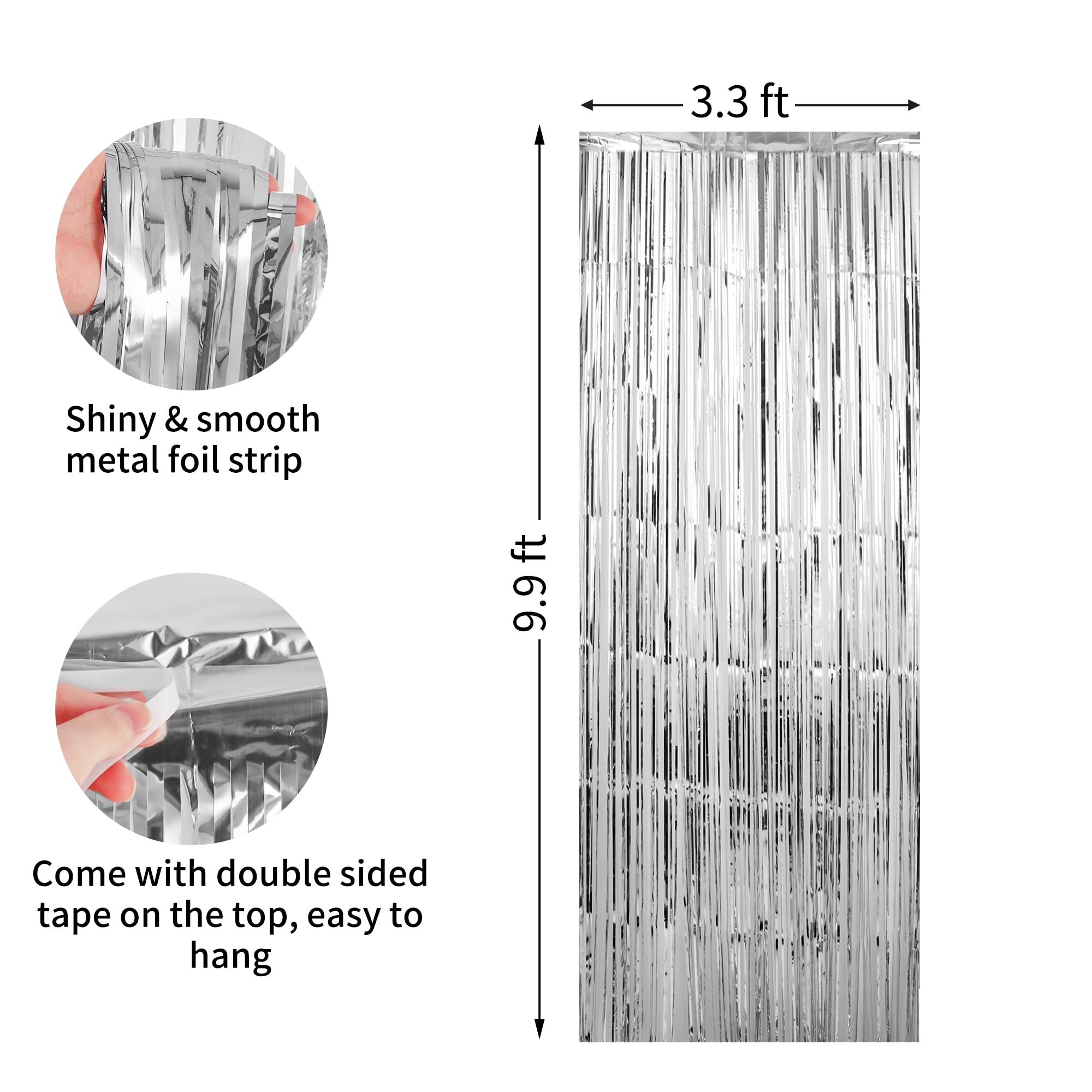 Crosize 3 Pack 3.3 X 9.9 Ft Silver Foil Fringe Backdrop Curtain, Streamer Backdrop Curtains, Streamers Birthday Party Decoration