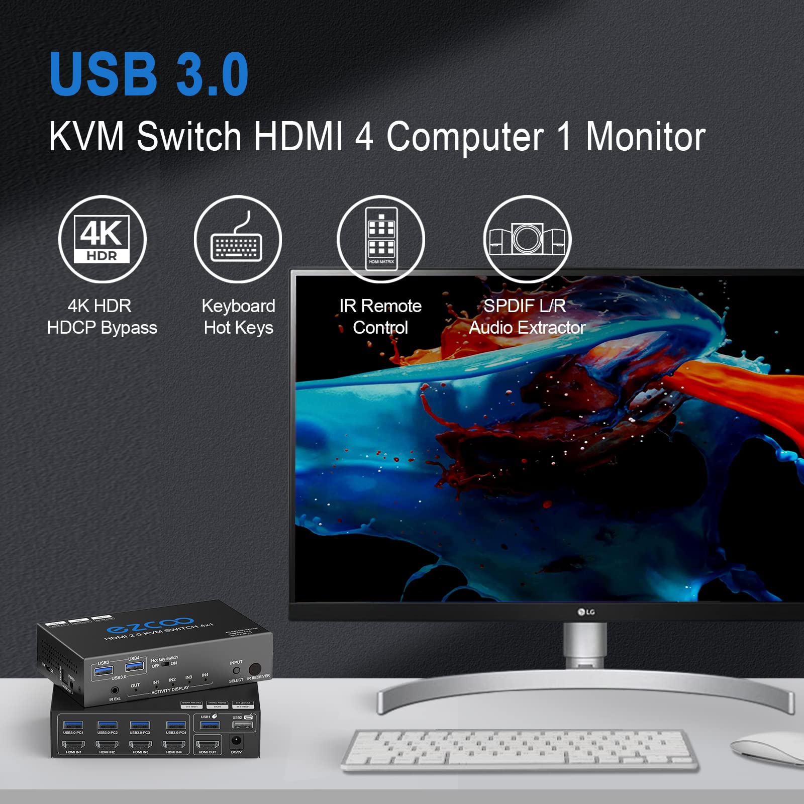 Usb 3.0 Kvm Switch Hdmi 4 Computer 1 Monitor 4K 60Hz Spdif L/R Hotkey   Share One Set Of Keyboard Mouse Printer,1080P 120Hz 144H