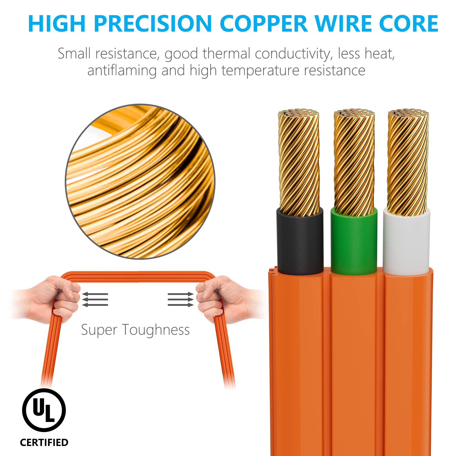 K Kasonic   12 Feet 3 Outlet Extension Cord With Flat Plug   Triple Extension Wire Grounded Multi Outlet For Indoor Use, Ul List