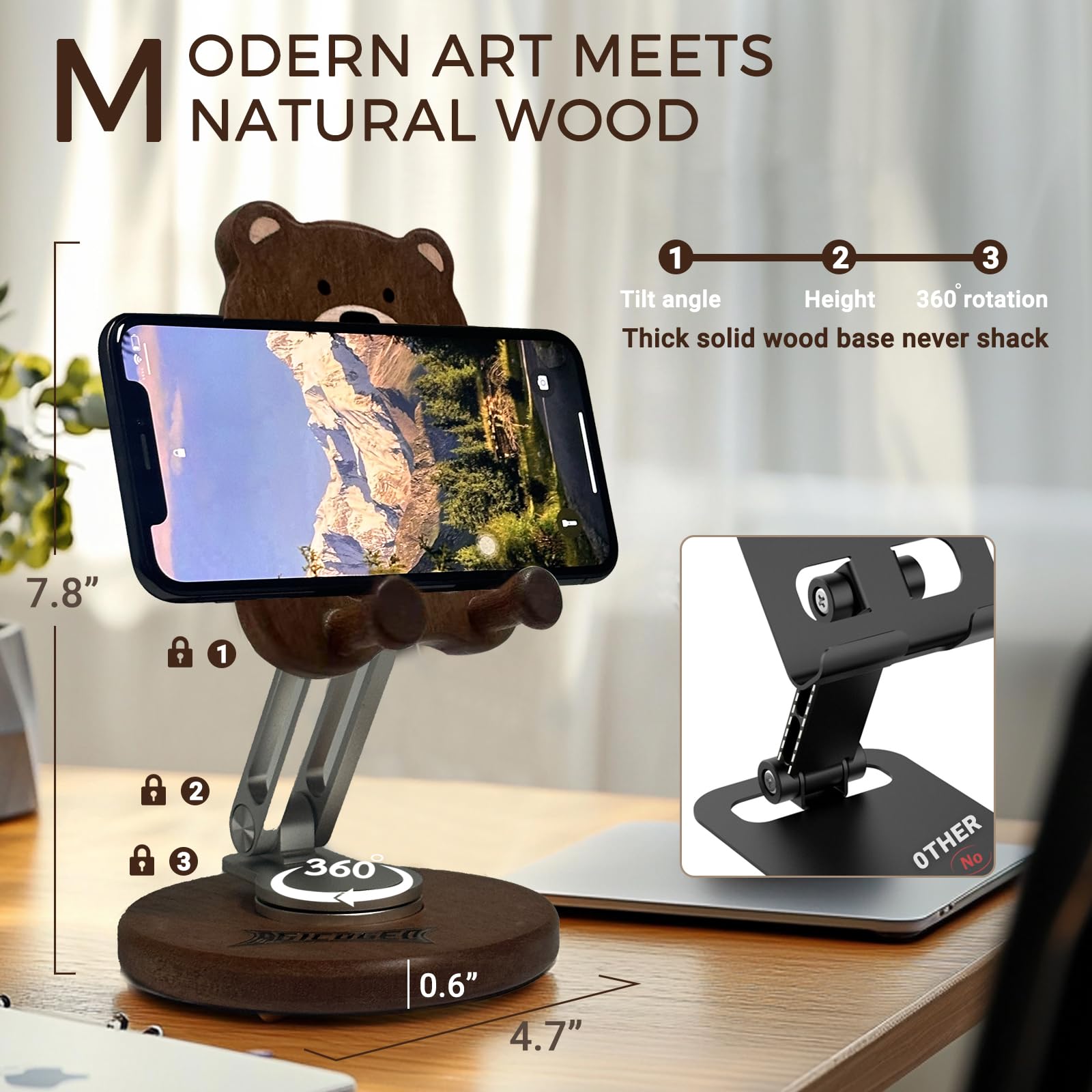 Agicogeo Hand-Inlaid Solid Wood Phone Stand For Iphone 16/Tablets - 360 Rotating Desk Organizer Holder With Artisan Carvings & A